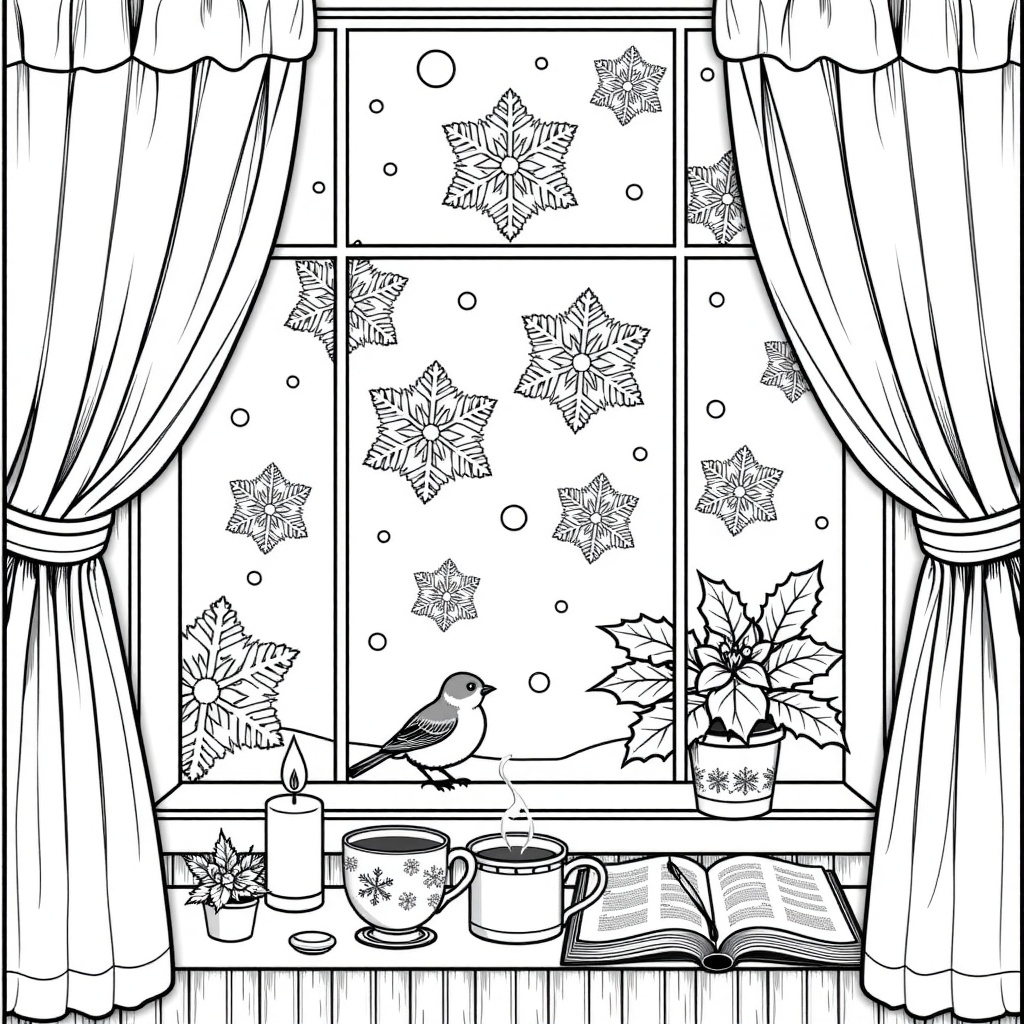 A detailed black and white contour drawing for a coloring page,  showing a serene winter scene viewed from inside a cozy r...