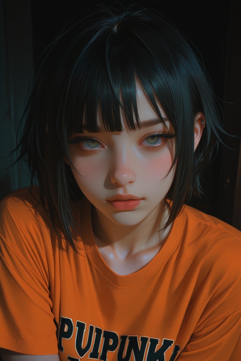 Generate hyper realistic close portrait of a beautiful girl,  short messy black hair with a punk cut,  dark background on...