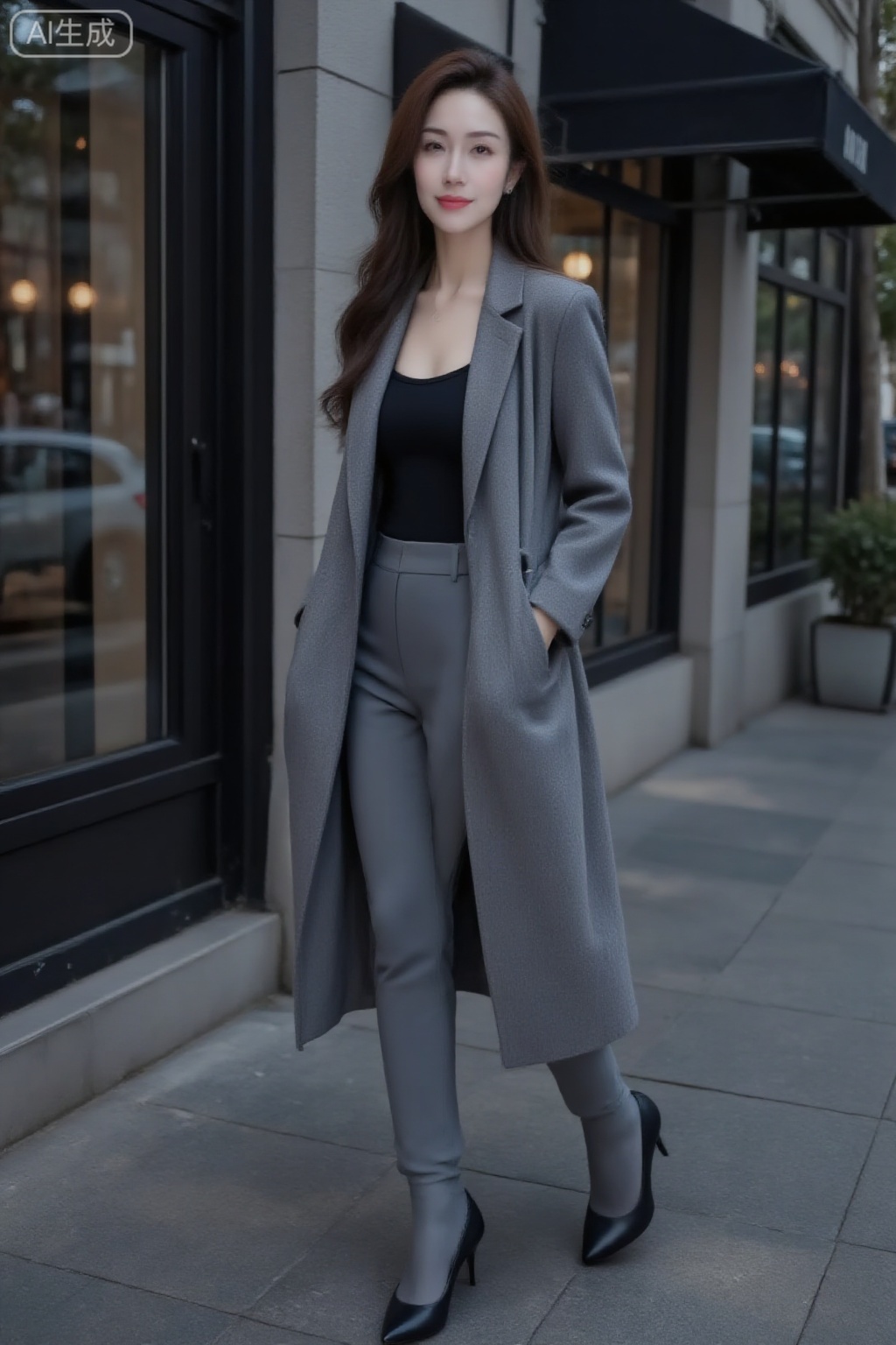 A woman stands in a full-body shot, wearing a gray long coat, gray tight pants, and black high heels, framed against an urban sidewalk at dusk. Cool, diffused lighting accentuates the sleek fabric textures. She walks mid-stride, one heel lifted, coat slightly open, hands in pockets. The composition is centered, with shallow depth of field blurring distant streetlights. Minimalist, monochrome palette emphasizes silhouette and form.