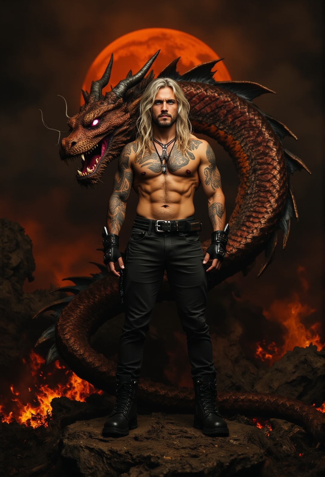 **Full-body,  ultra-detailed portrait of a powerful fantasy character,  a shirtless male with an extremely muscular on Ten...