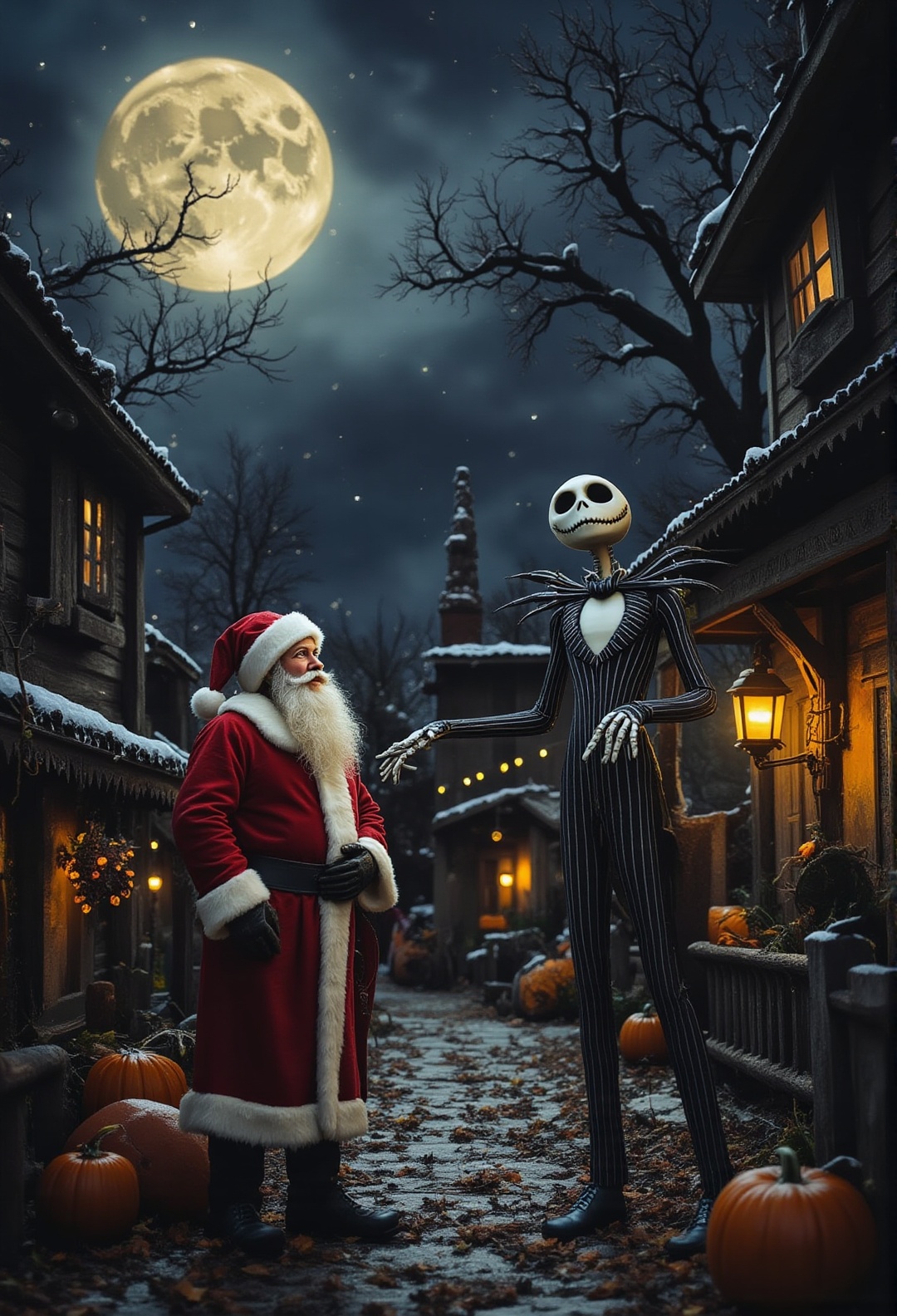 A realistic photograph of a whimsical and darkly festive scene featuring Santa Claus meeting Jack Skellington from Nightma...