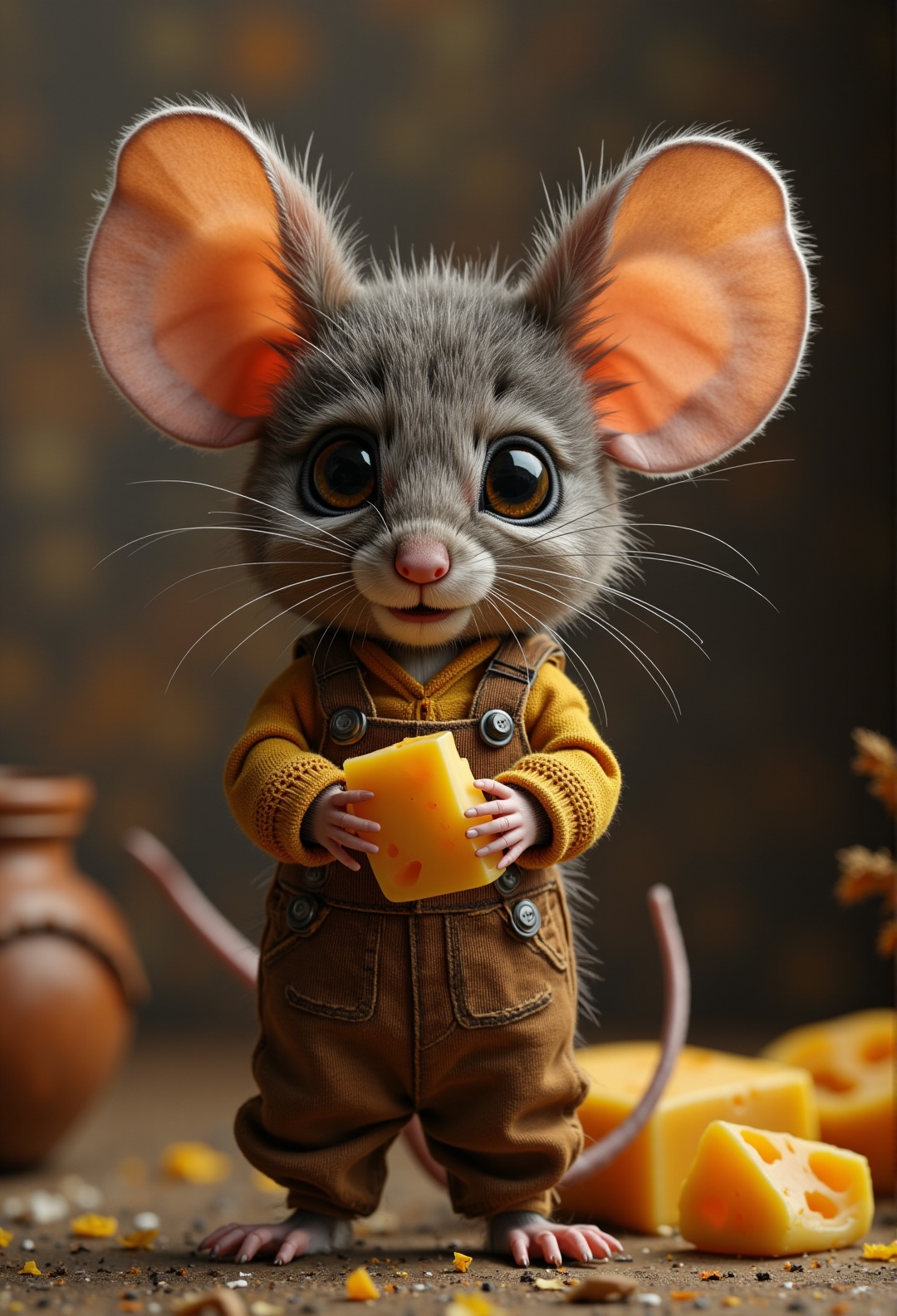 a photorealistic anthropomorphic mouse standing upright,  styled in a warm,  ultra-cute fantasy realism aesthetic. The mou...
