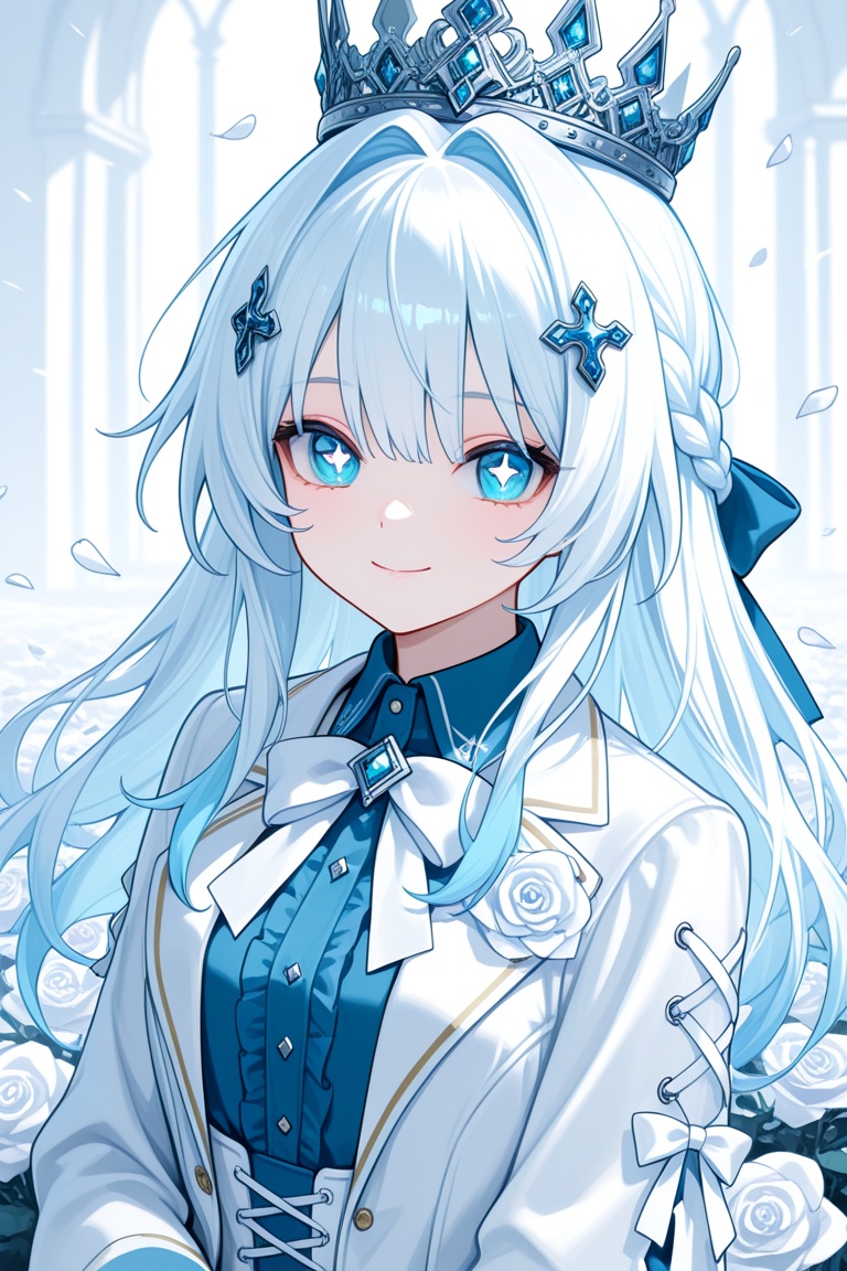blue hair,  blue shirt,  white rose on Tensor.Art