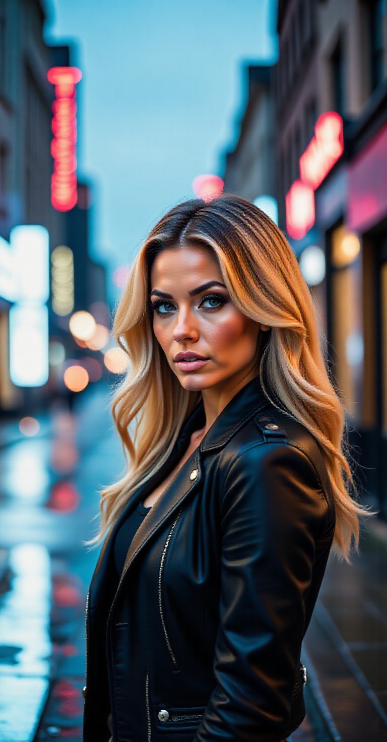 A woman's confident gaze pierces through the futuristic MAZE scanner's sleek glass surface,  her long blonde hair flowing...