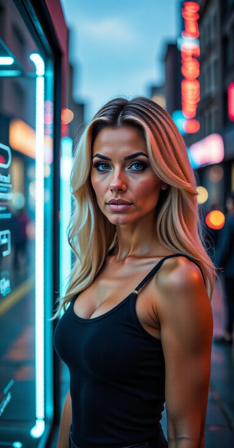 A woman's confident gaze pierces through the futuristic MAZE scanner's sleek glass surface,  her long blonde hair flowing...