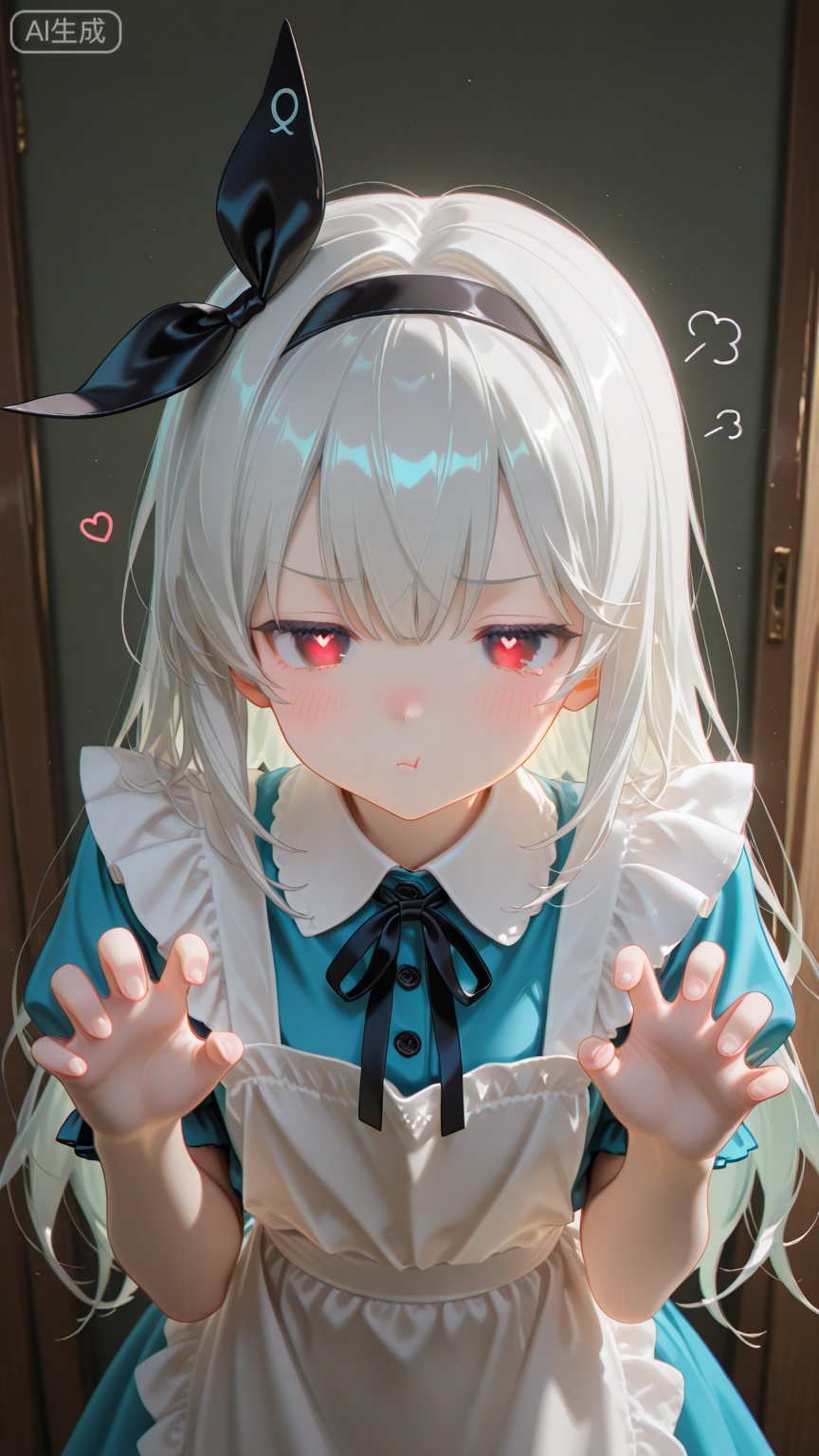 masterpiece, best quality, amazing quality, very aesthetic, absurdres, newest,chromatic aberration,light,fair skin,pale skin, glowing tattoo,1girl, solo, long hair, looking at viewer, blush, bangs, red eyes, dress, bow, ribbon, closed mouth, upper body, short sleeves, hair bow, grey hair, heart, hairband, frills, puffy sleeves, apron, puffy short sleeves, black ribbon, black bow, blue dress, white apron, claw pose,ᗜ ‸ ᗜ,(pouting:1.3), (sad puppy eyes:1.2), disappointed expression, downturned mouth, innocent look