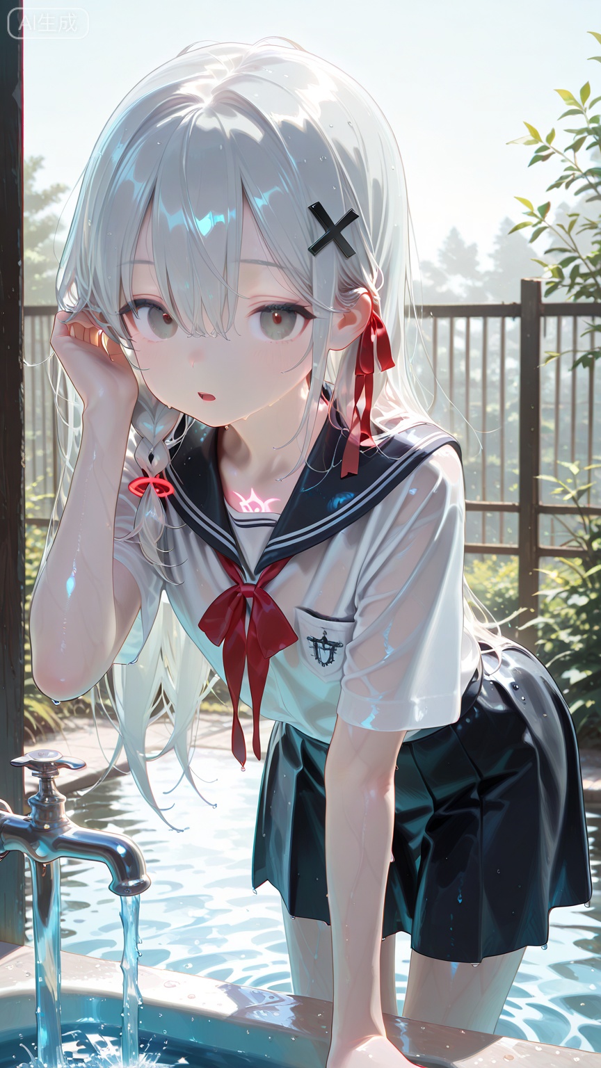 masterpiece, best quality, amazing quality, very aesthetic, absurdres, newest,chromatic aberration,light,fair skin,pale skin, glowing tattoo,1girl, faucet, solo, long hair, hair ornament, white shirt, shirt, short sleeves, ribbon, hair ribbon, leaning forward, water, white hair, red ribbon, looking at viewer, braid, x hair ornament, fence, open mouth, hand in own hair, skirt, outdoors, school uniform, brown eyes, adjusting hair, wet, hair between eyes, grey hair, black skirt, blurry, grey eyes, day, hair tucking, holding, cross hair ornament