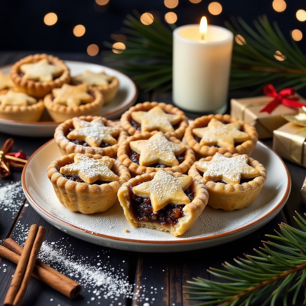 Photorealistic,  cinematic-style,  horizontal photograph of Christmas Mince Pies arranged on a festive ceramic plate. The...
