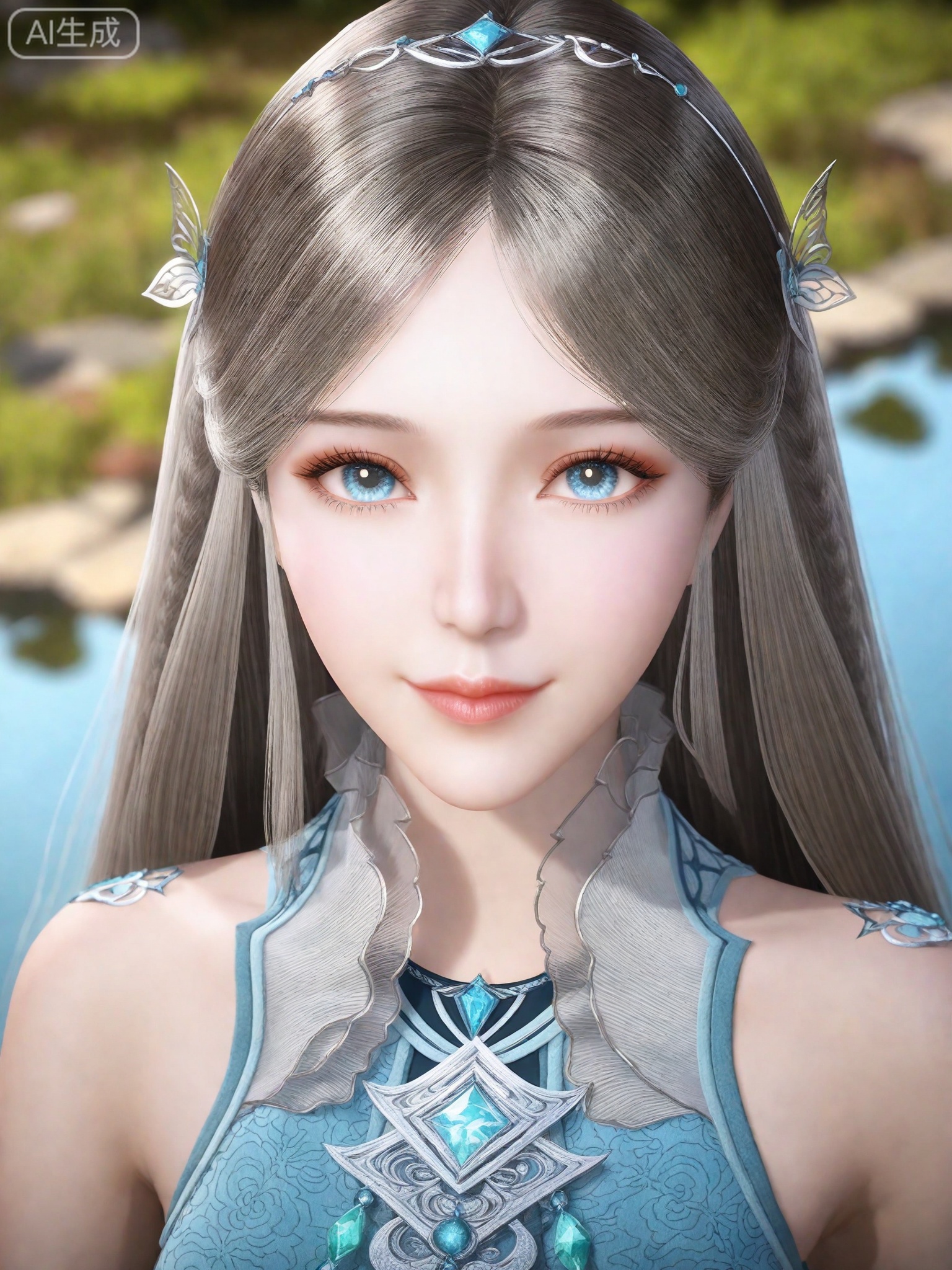 1girl,solo,jewelry,hair ornament,long hair,dress,necklace,lips,eyeshadow,bracelet,tassel,(8k ultra-clear, pony style),photo pose 0.6, micro-expression: soft smile 0.3, half-body + medium shot 0.7,1girl,solo.looking_at_viewer,realistic,photorealistic,Vivid Colors,bright environment,shiny skin,shiny hairjewelry,detail eyes,Eyes highlights,glowing,sunshine,bright,reflection,bright,sunshine on face,shiny,shinny,petite,thin,leg slimming,lose weight,slim hips,lakeside,delicate water,reflection,sitting_down,eyelashes,
