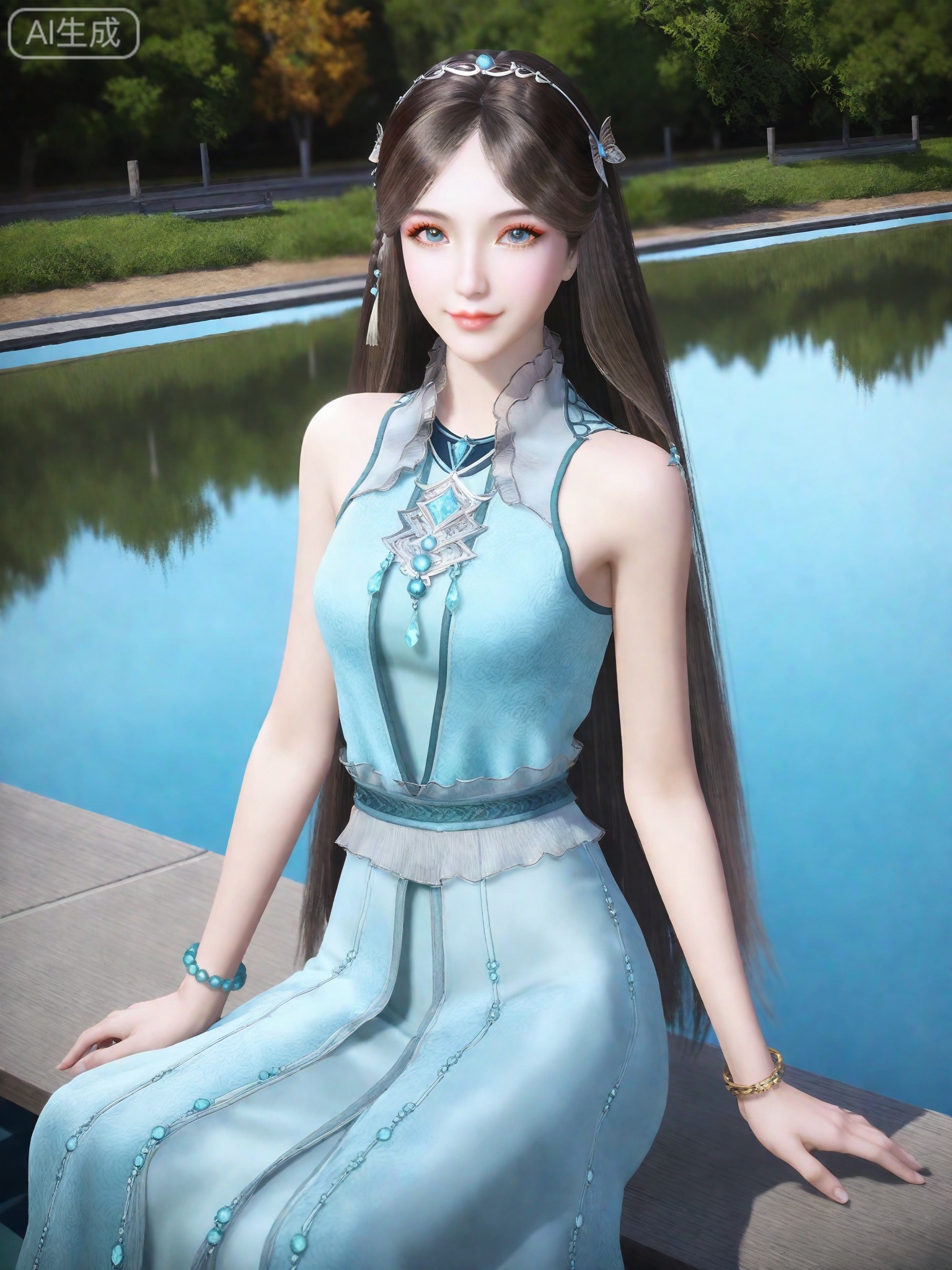 1girl,solo,jewelry,hair ornament,long hair,dress,necklace,lips,eyeshadow,bracelet,tassel,(8k ultra-clear, pony style),photo pose 0.6, micro-expression: soft smile 0.3, half-body + medium shot 0.7,1girl,solo.looking_at_viewer,realistic,photorealistic,Vivid Colors,bright environment,shiny skin,shiny hairjewelry,detail eyes,Eyes highlights,glowing,sunshine,bright,reflection,bright,sunshine on face,shiny,shinny,petite,thin,leg slimming,lose weight,slim hips,lakeside,delicate water,reflection,(full body:0.8)sitting_down,eyelashes,