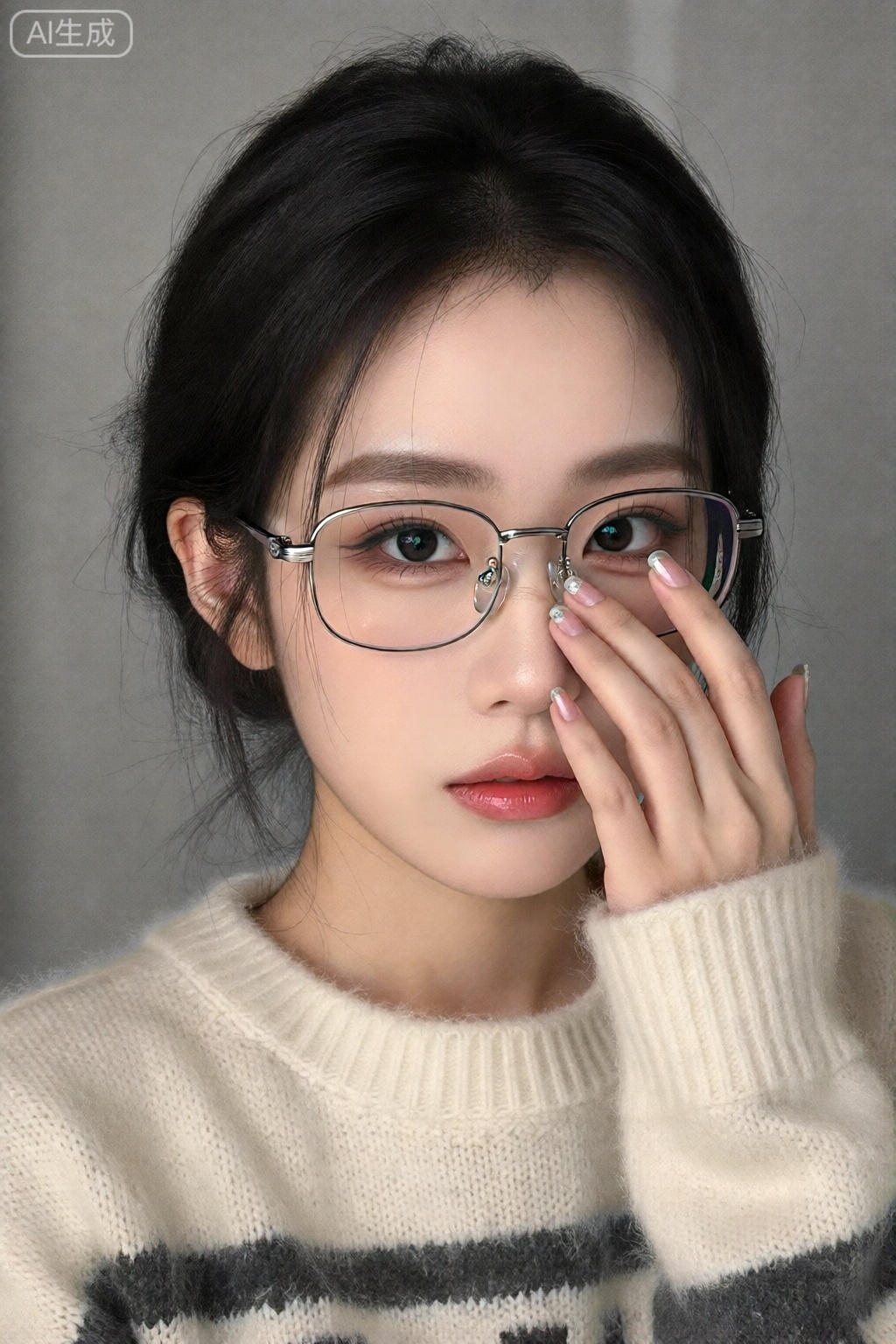1girl,alone, looks towards the audience. She has short black hair, slightly parted lips, wears glasses, has black eyes, and is dressed in a sweater with a high collar. The sleeves of the sweater extend beyond her wrists. She is depicted in a realistic style, adjusting her glasses.