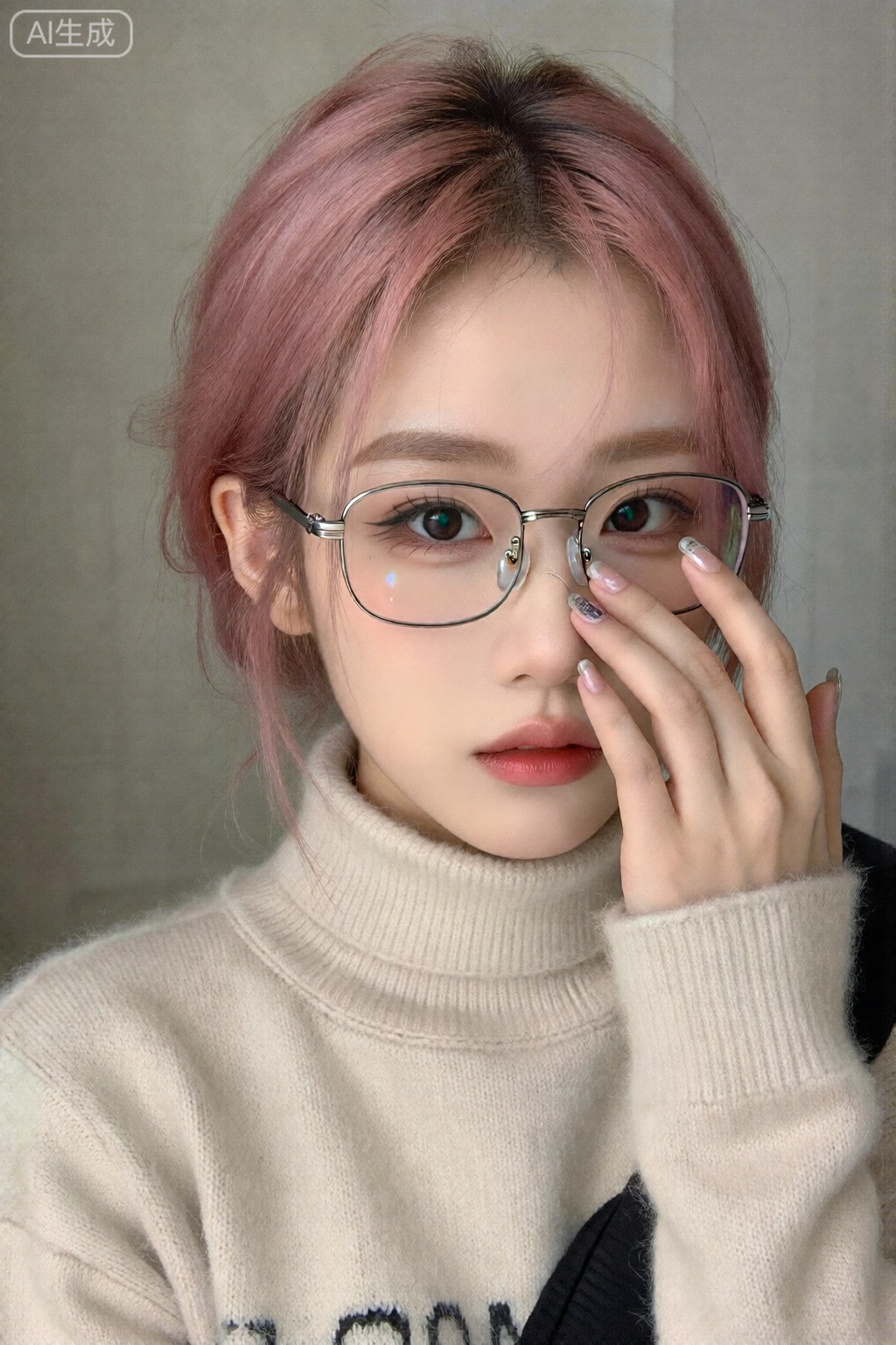 1 girl, alone, looks towards the audience. She has pink short hair, slightly parted lips, wears glasses, has black eyes, and is wearing a high-neck sweater. The sleeves of the sweater are longer than her wrists. Her entire body is depicted in a realistic style, and she is adjusting her glasses.