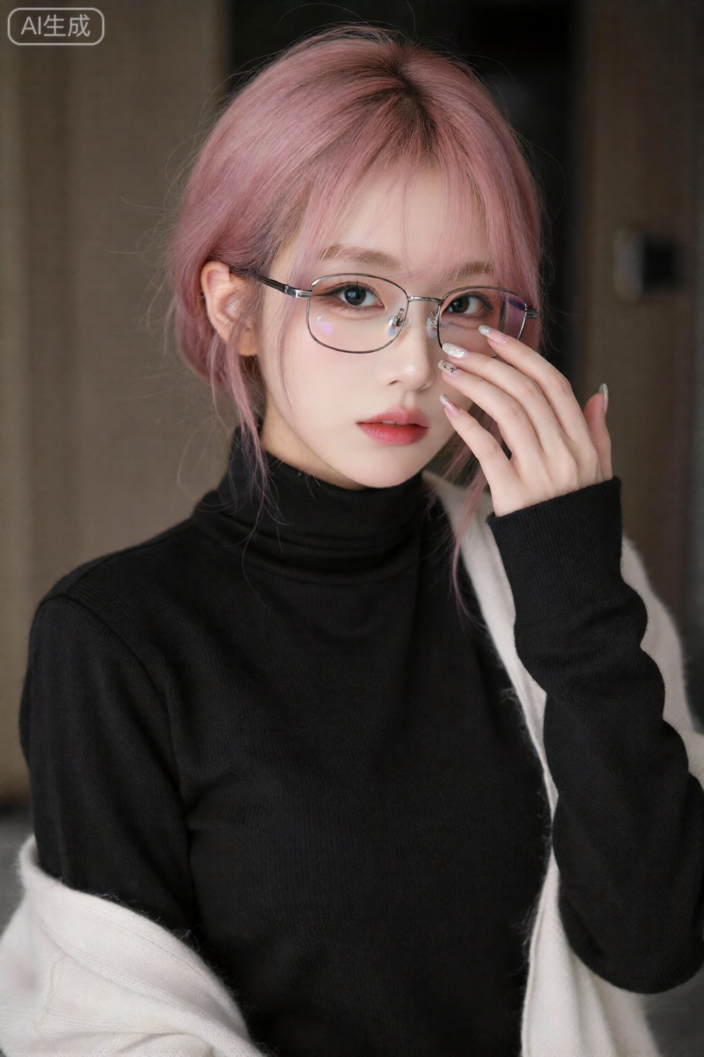 1 girl, standing alone, gazes towards the audience. She sports pink short hair, slightly parted lips, wears glasses, and has a pair of black eyes. She is clad in a black turtleneck sweater, with sleeves that fall just above her wrists. Her busty figure, big breasts,with its prominent contours visible through the sweater, is depicted in a realistic style. She is seen adjusting her glasses.