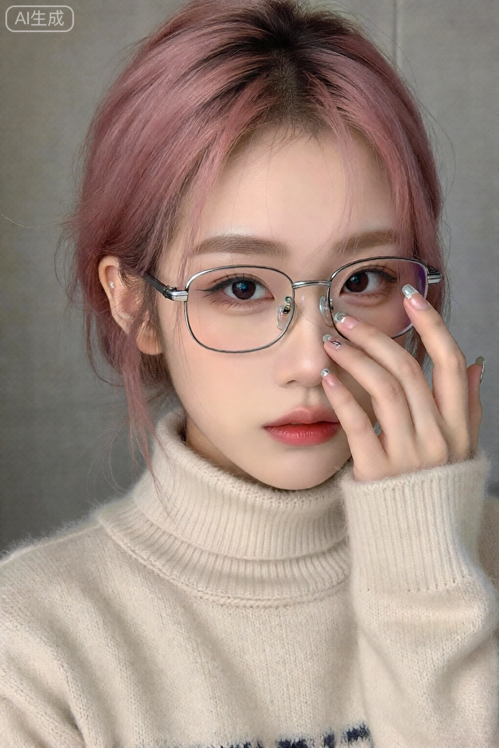 1 girl, alone, looks towards the audience. She has pink short hair, slightly parted lips, wears glasses, has black eyes, and is wearing a high-neck sweater. The sleeves of the sweater are longer than her wrists. Her entire body is depicted in a realistic style, and she is adjusting her glasses.