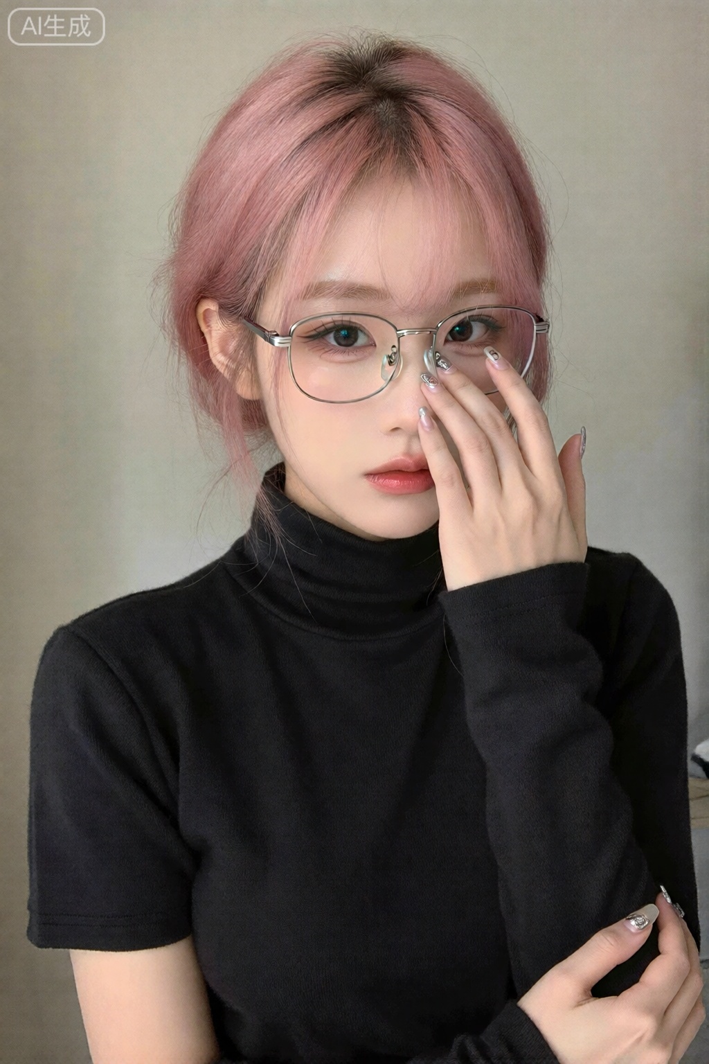 1 girl, standing alone, gazes towards the audience. She sports pink short hair, slightly parted lips, wears glasses, and has a pair of black eyes. She is clad in a black turtleneck sweater, with sleeves that fall just above her wrists. Her busty figure, with its prominent contours visible through the sweater, is depicted in a realistic style. She is seen adjusting her glasses.