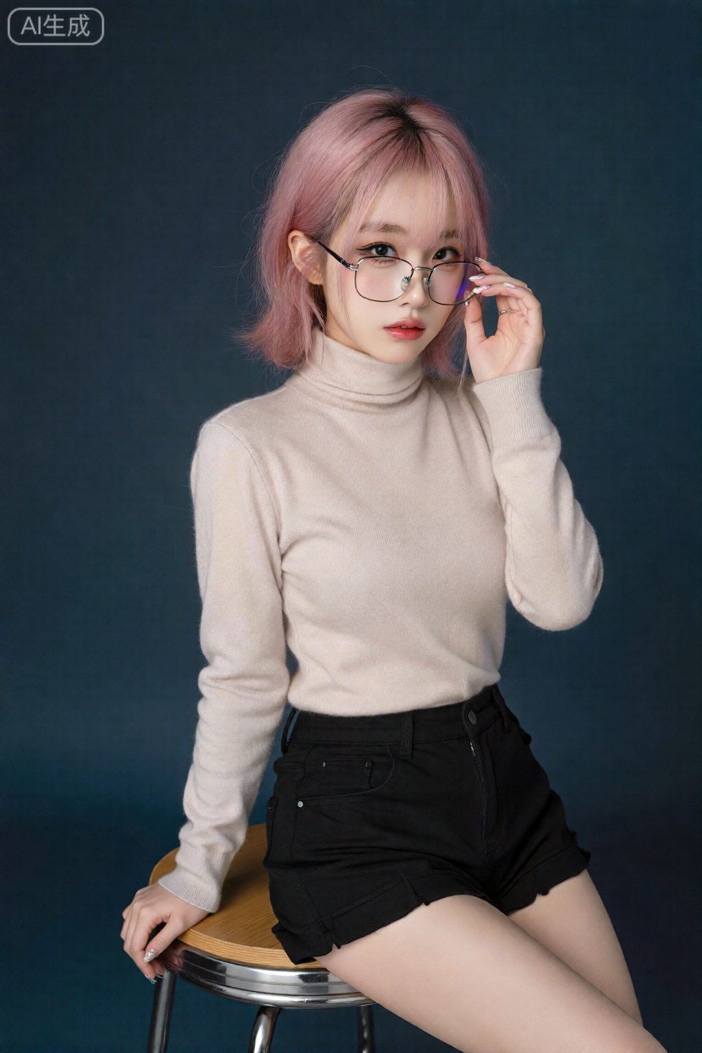 1 girl, standing alone, gazes towards the audience. She sports pink short hair, with her lips slightly parted, wearing glasses and a pair of black eyes. She is clad in a high-neck sweater, with its sleeves reaching past her wrists. Seated on a barstool, she is depicted in a realistic style, adjusting her glasses.
