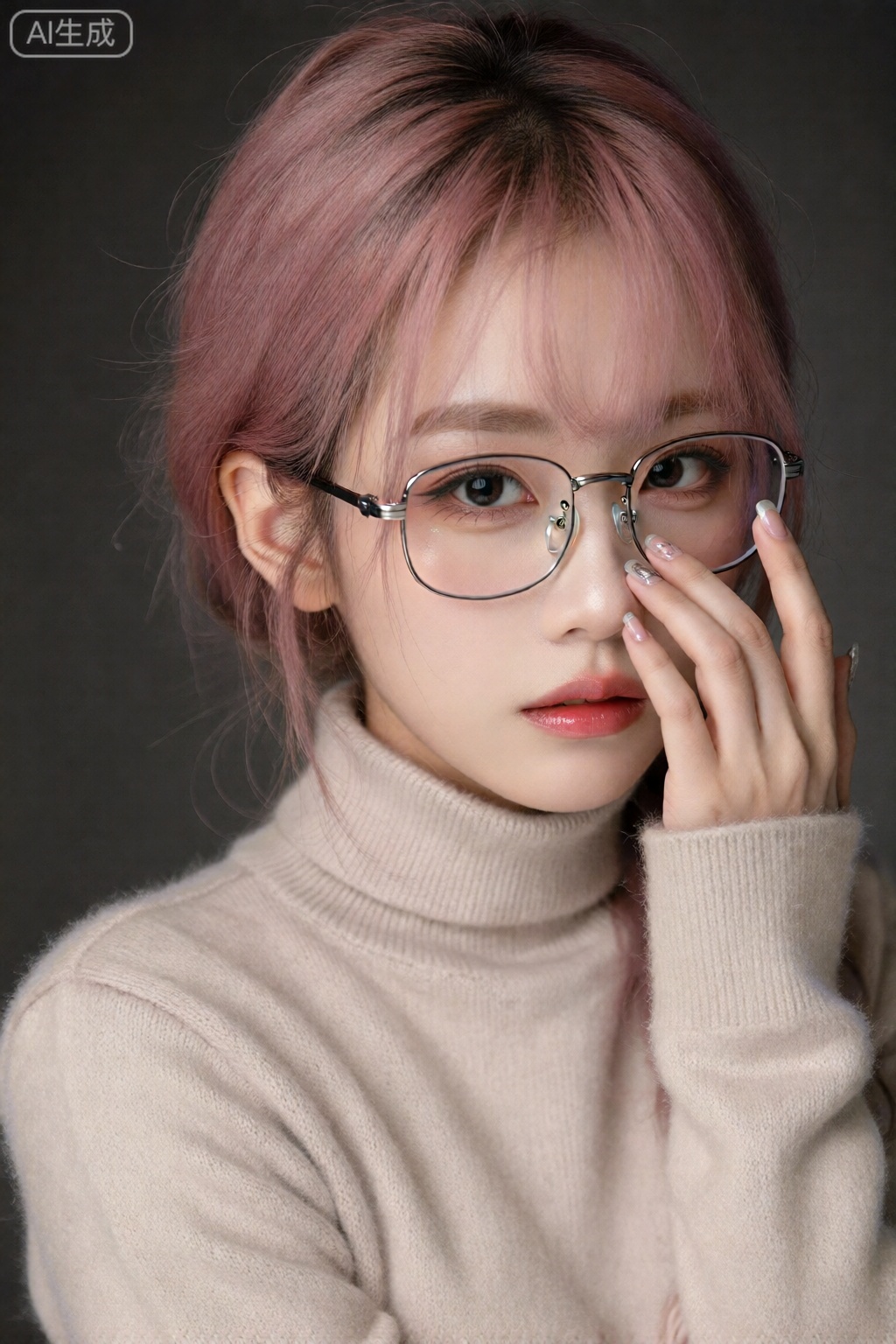 1 girl, standing alone, gazes towards the audience. She sports pink short hair, with her lips slightly parted, wearing glasses and a pair of black eyes. She is clad in a high-neck sweater, with its sleeves reaching past her wrists.  she is depicted in a realistic style, adjusting her glasses.
