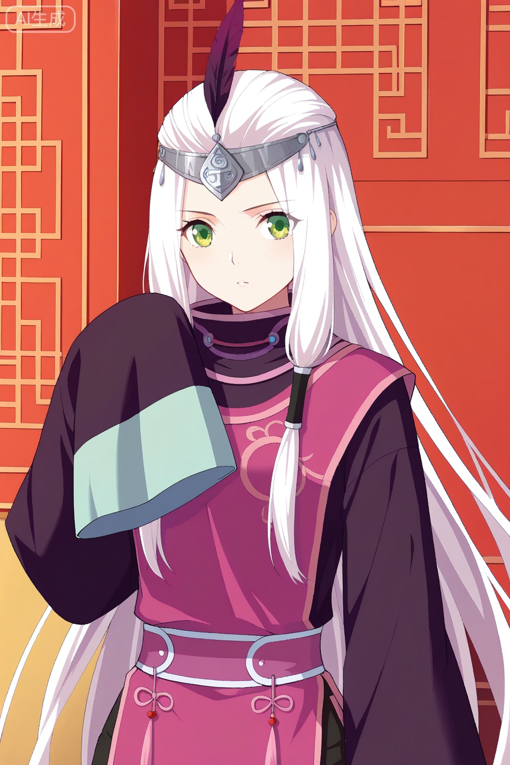 
Random scene,Random scene,
upper body,looking at viewer,
小医仙,masterpiece,best quality,official art,extremely detailed CG unity 8k wallpaper,1girl, solo, green eyes, hair tubes, sidelocks, very long hairchinese clothes, robe, long sleeves, wide sleeves, circlet,forehead protector, feathers, sleeves past fingers, black shorts, white hair,