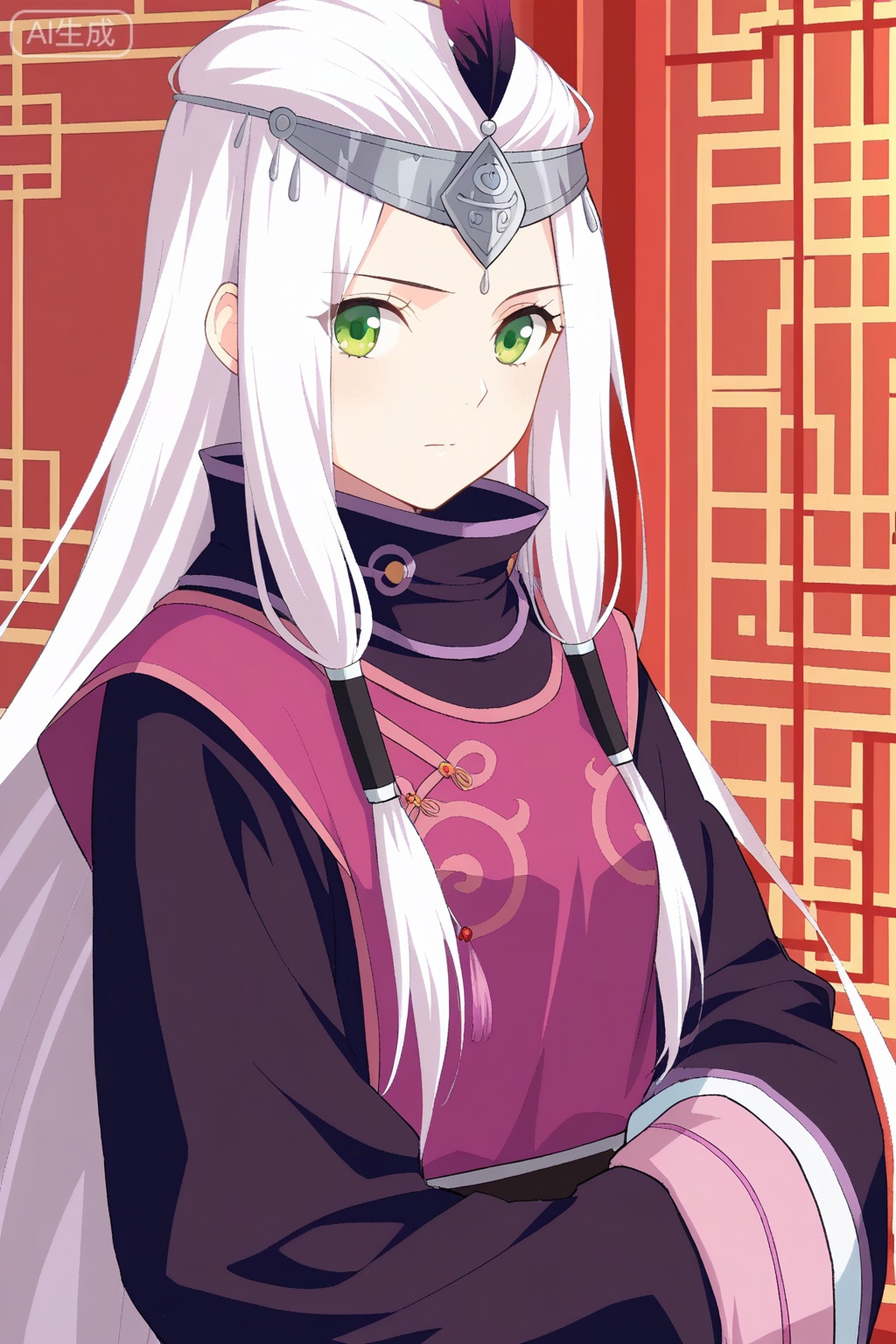 
Random scene,Random scene,
upper body,looking at viewer,
小医仙,masterpiece,best quality,official art,extremely detailed CG unity 8k wallpaper,1girl, solo, green eyes, hair tubes, sidelocks, very long hairchinese clothes, robe, long sleeves, wide sleeves, circlet,forehead protector, feathers, sleeves past fingers, black shorts, white hair,