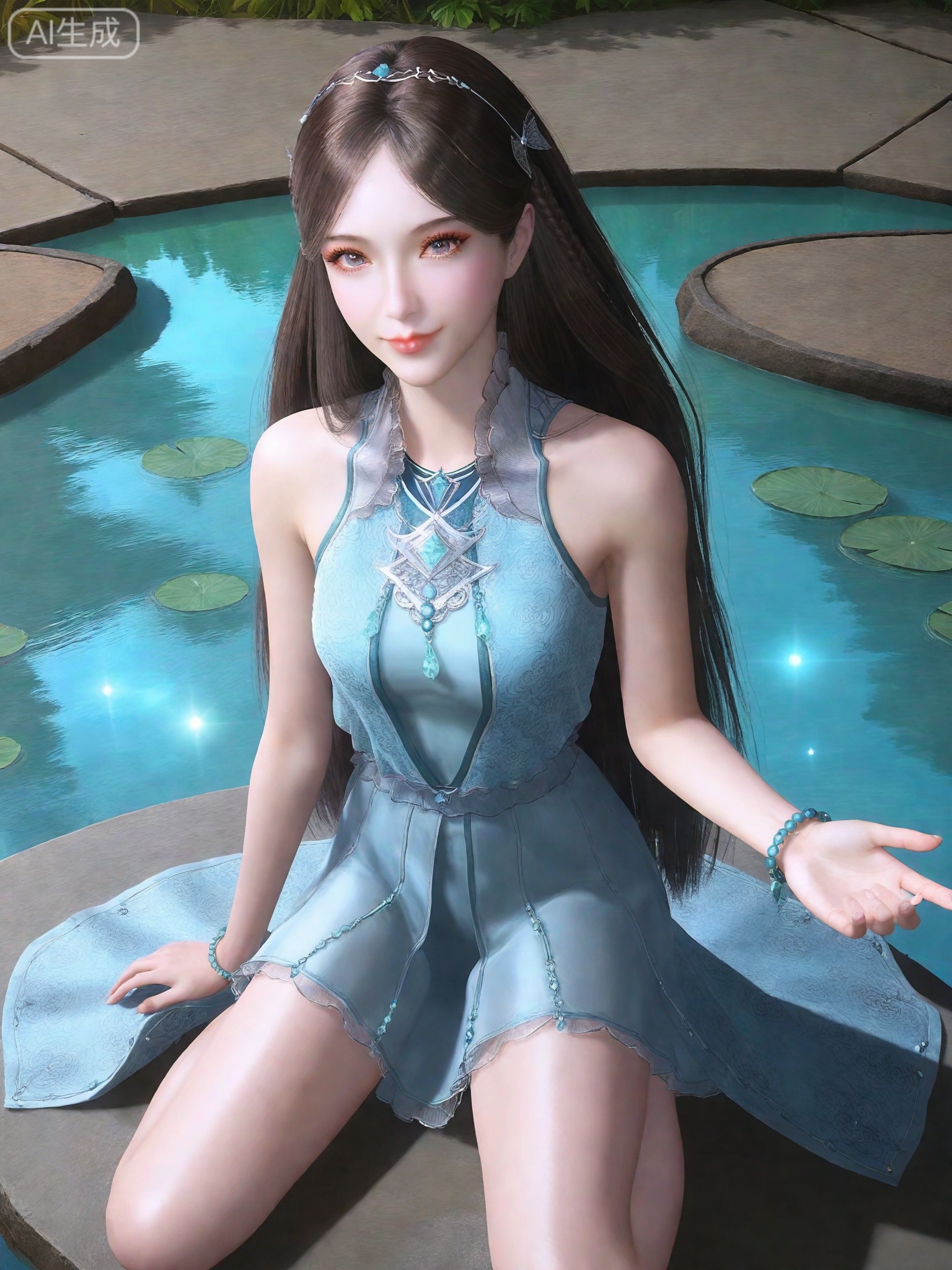 masterpiece,(best quality),(intricate details:0.9) BREAK (intricate details:0.9),(realistic skin:1.2),masterpiece,best quality,newest,absurdres,hiahres,1girl,solo,jewelry,hair ornament,long hair,dress,necklace,lips,eyeshadow,bracelet,tassel,(8k ultra-clear, pony style),photo pose 0.6, micro-expression: soft smile 0.3, half-body + medium shot 0.7,1girl,solo.looking_at_viewer,realistic,photorealistic,Vivid Colors,bright environment,shiny skin,shiny hairjewelry,detail eyes,Eyes highlights,glowing,sunshine,bright,reflection,bright,sunshine on face,shiny,shinny,petite,thin,leg slimming,lose weight,slim hips,lakeside,delicate water,reflection,(full body:0.8)sitting_down,eyelashes,