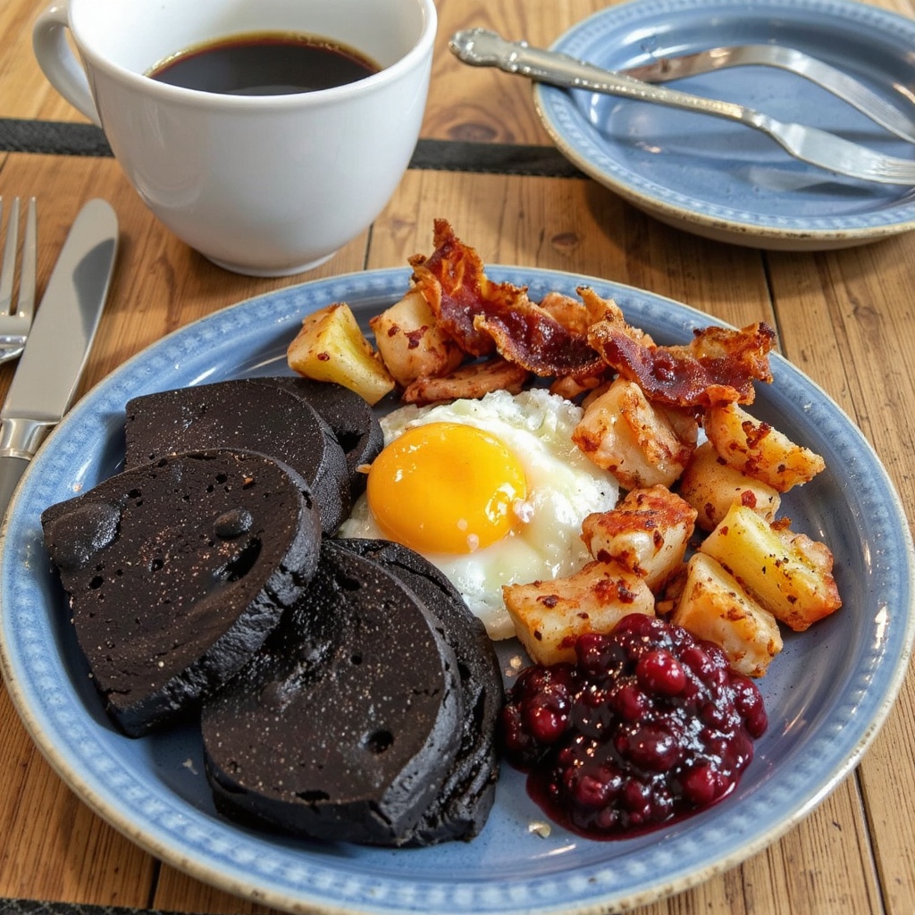 A plate featuring Swedish blodpudding as the main focus,  with thick slices of blodpudding fried to a slightly crisp exter...