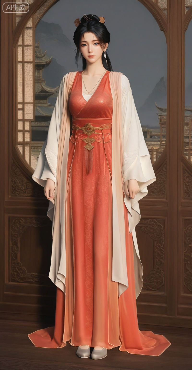 MPL,1girl, solo, looking at viewer, blue eyes, black hair, hair ornament, long sleeves, dress, jewelry, standing, full body, earrings, chinese clothes, red dress, realistic, 
master work,32K,UHD,perfect work,masterpiece,best quality,high quality,ultra-detailed,(guofeng aesthetic),cinematic lighting,delicate details,vibrant colors, sgrainy,detailed skin,photorealistic,realistic skin,texture,grainy,photorealistic, extremely high resolution, aesthetic, newest,HDR,3D,photorealistic,high contrast,