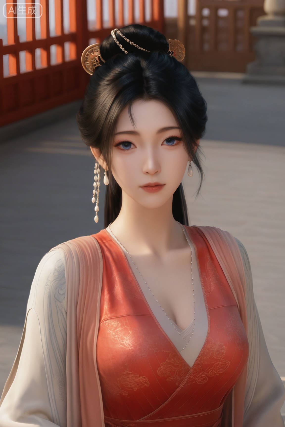 MPL,1girl, solo, looking at viewer, blue eyes, black hair, hair ornament, long sleeves, dress, jewelry, upper body, earrings, chinese clothes, red dress, realistic, 
master work,32K,UHD,perfect work,masterpiece,best quality,high quality,ultra-detailed,(guofeng aesthetic),cinematic lighting,delicate details,vibrant colors, sgrainy,detailed skin,photorealistic,realistic skin,texture,grainy,photorealistic, extremely high resolution, aesthetic, newest,HDR,3D,photorealistic,high contrast,