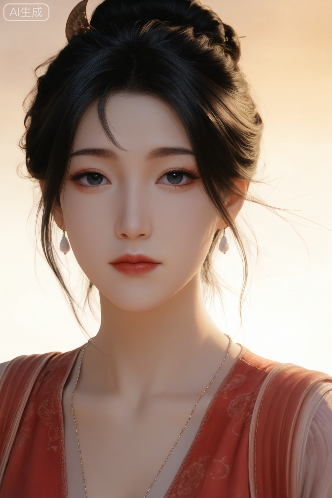 MPL,1girl, solo, looking at viewer, blue eyes, black hair, dress, jewelry, closed mouth, upper body, earrings, black eyes, lips, red dress, wind, realistic, red lips, 
master work,32K,UHD,perfect work,masterpiece,best quality,high quality,ultra-detailed,(guofeng aesthetic),cinematic lighting,delicate details,vibrant colors, sgrainy,detailed skin,photorealistic,realistic skin,texture,grainy,photorealistic, “golden hour,” “volumetric light,”