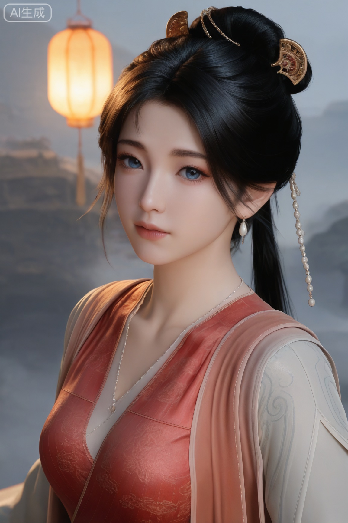 MPL,1girl, solo, looking at viewer, blue eyes, black hair, hair ornament, long sleeves, dress, jewelry, upper body, earrings, chinese clothes, red dress, realistic, 
master work,32K,UHD,perfect work,masterpiece,best quality,high quality,ultra-detailed,(guofeng aesthetic),cinematic lighting,delicate details,vibrant colors, sgrainy,detailed skin,photorealistic,realistic skin,texture,grainy,photorealistic, extremely high resolution, aesthetic, newest,HDR,3D,photorealistic,high contrast,