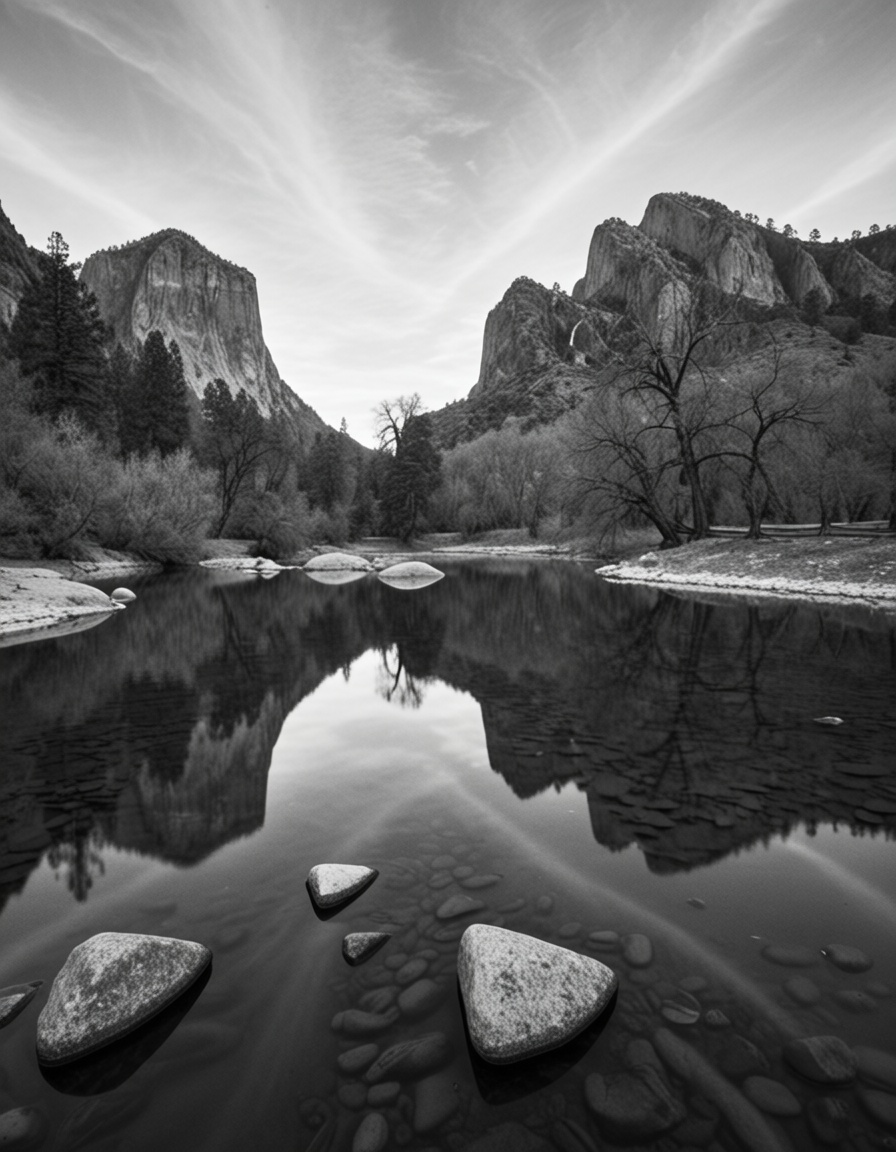 ehansel,  merced river reflection of cathedral rocks on Tensor.Art
