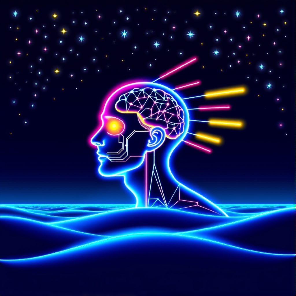 the_artist This is a digital illustration in a vibrant,  futuristic,  neon-lit style. The central figure is a stylized on...