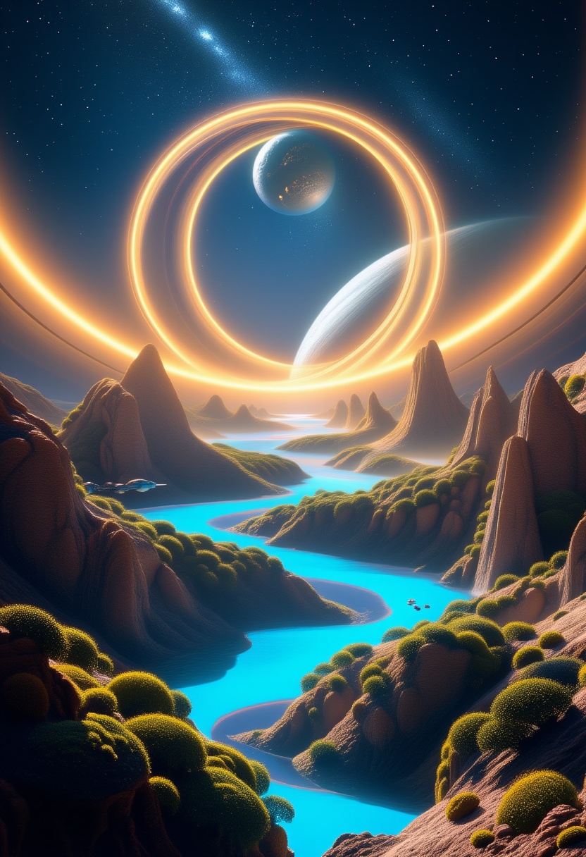 A high-resolution photo of a serene alien landscape beneath the massive rings of a gas giant made out of vectors,  tensors...