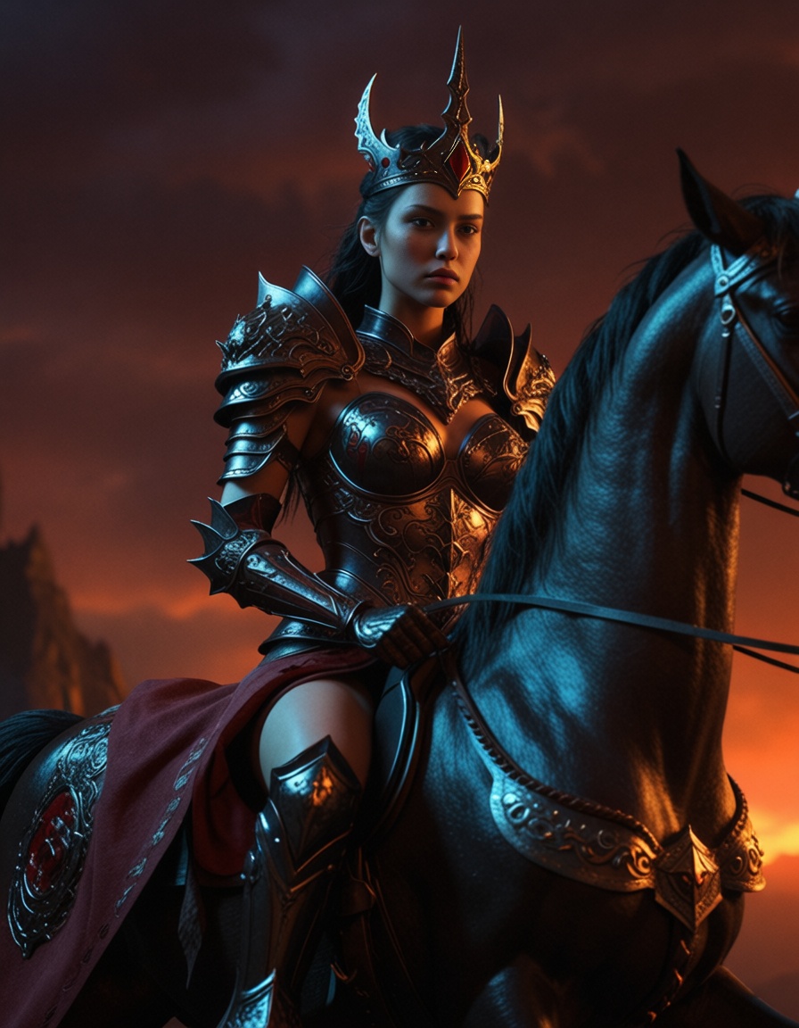 ehmidjourney2,  dark fantasy warrior queen on black unicorn,  burning kingdom behind on Tensor.Art