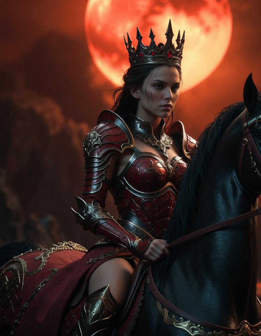 ehmidjourney2,  dark fantasy warrior queen on black unicorn,  burning kingdom behind on Tensor.Art