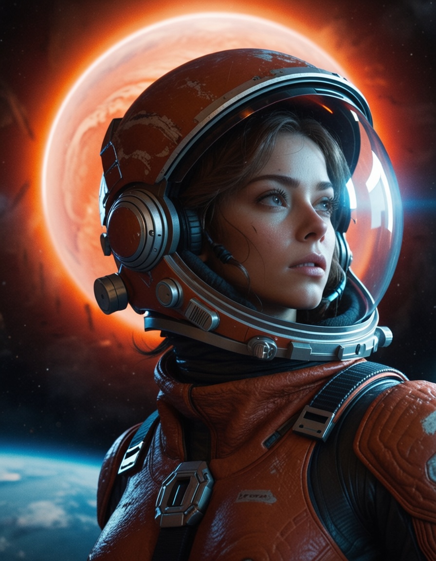 ehmidjourney2,  futuristic female astronaut on alien red planet,  massive ringed gas giant rising on Tensor.Art