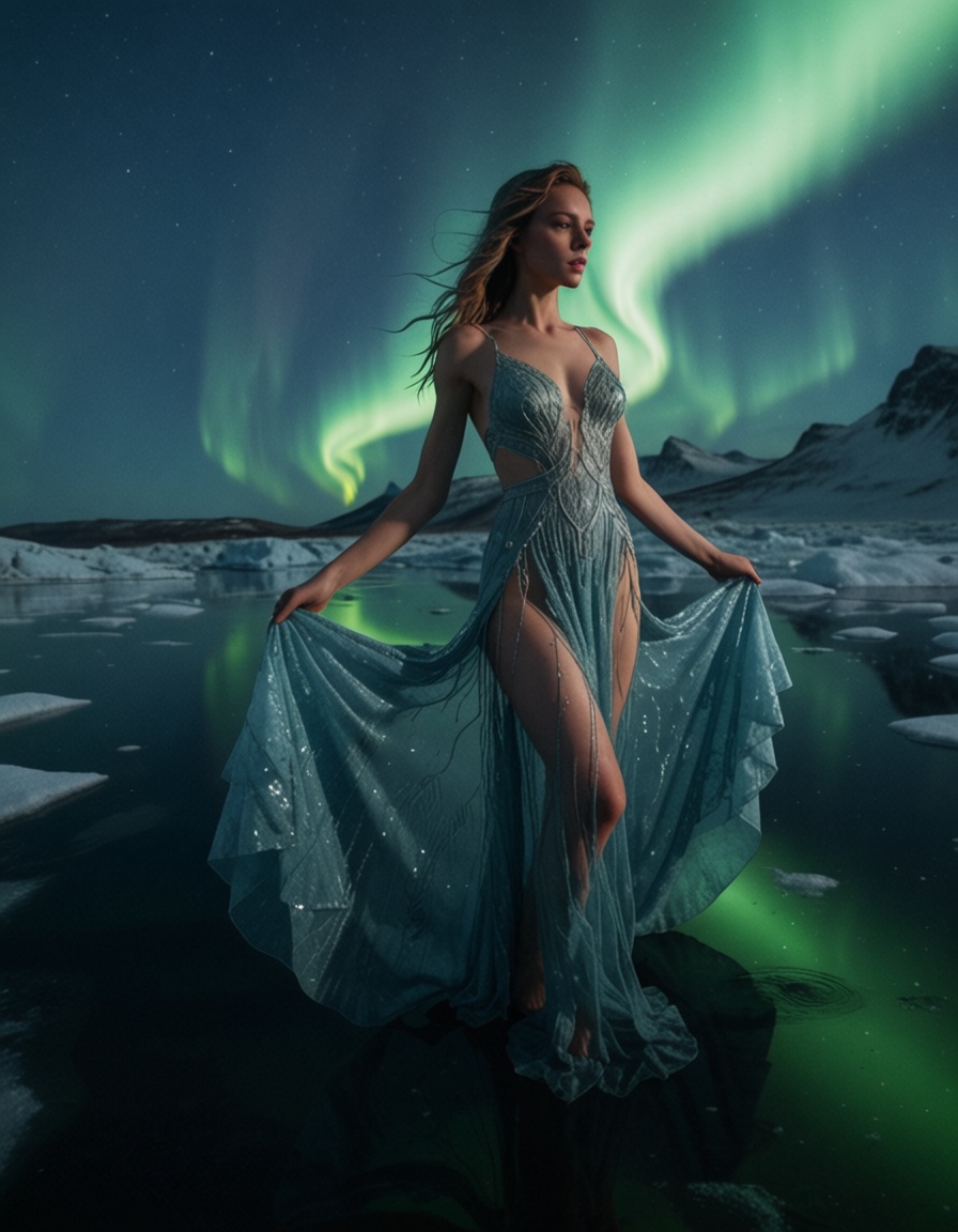 ehmidjourney2,  goddess of winter in flowing ice dress,  standing on frozen lake on Tensor.Art