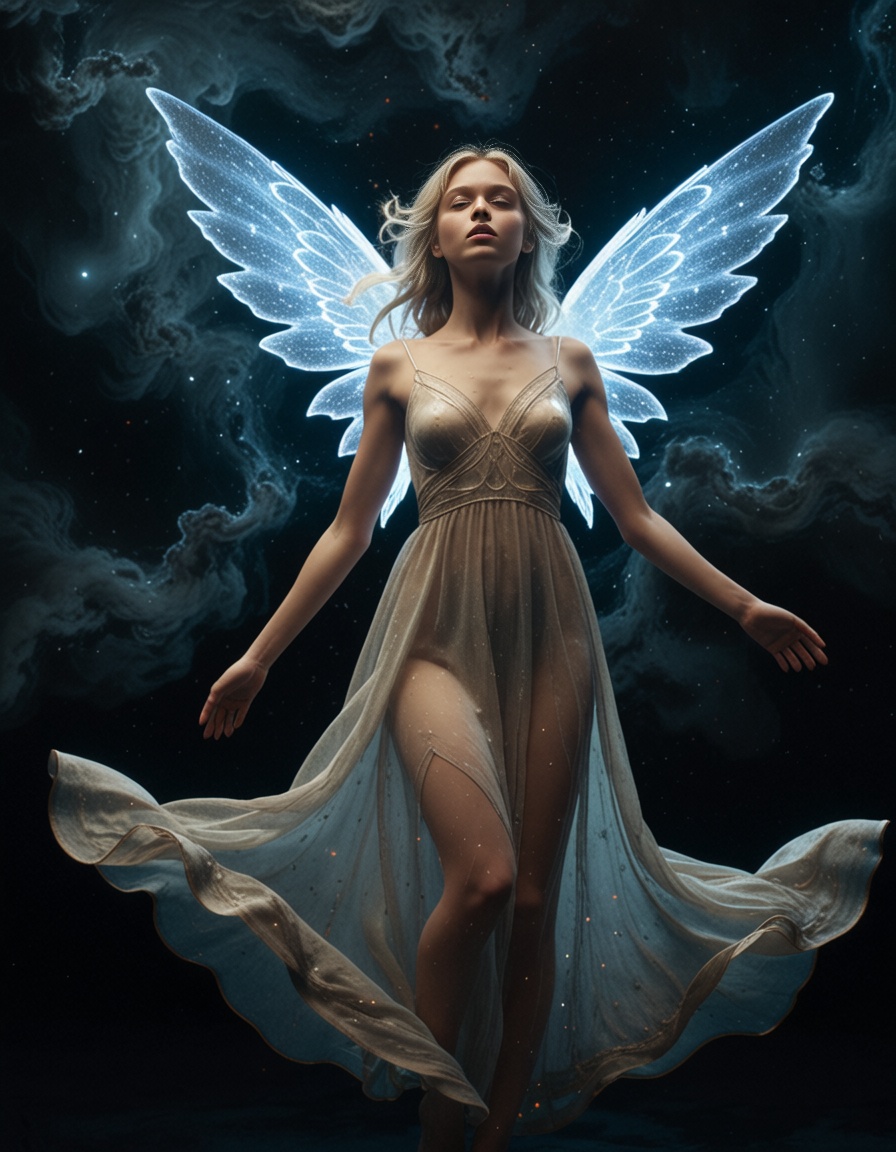 ehmidjourney2,  angelic blonde girl floating in cosmic nebula,  glowing wings of light on Tensor.Art