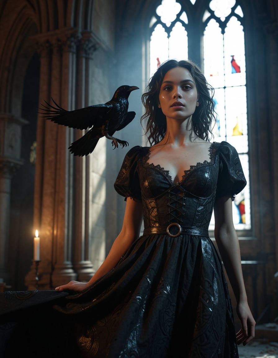 ehmidjourney2,  beautiful witch in black lace dress,  floating in abandoned cathedral on Tensor.Art
