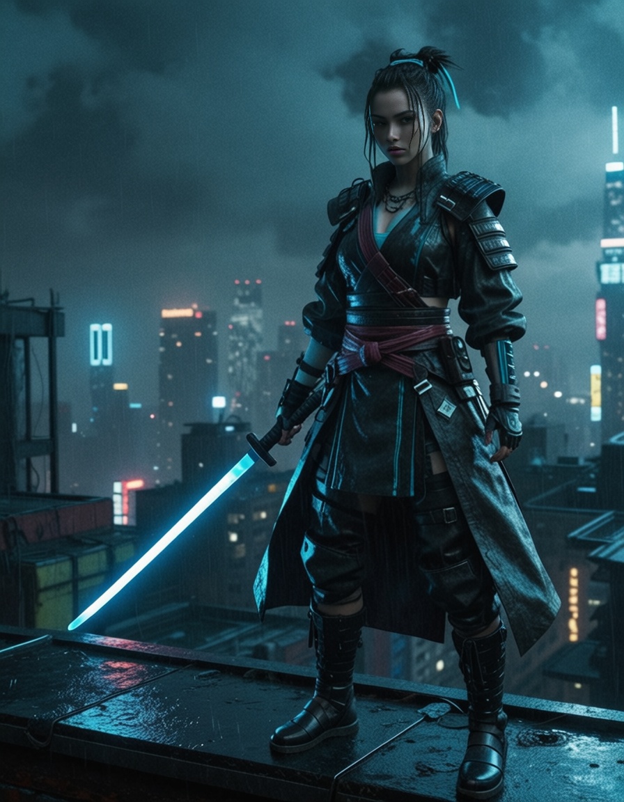 ehmidjourney2,  cyberpunk samurai girl standing on neon rooftop,  rain reflections on Tensor.Art