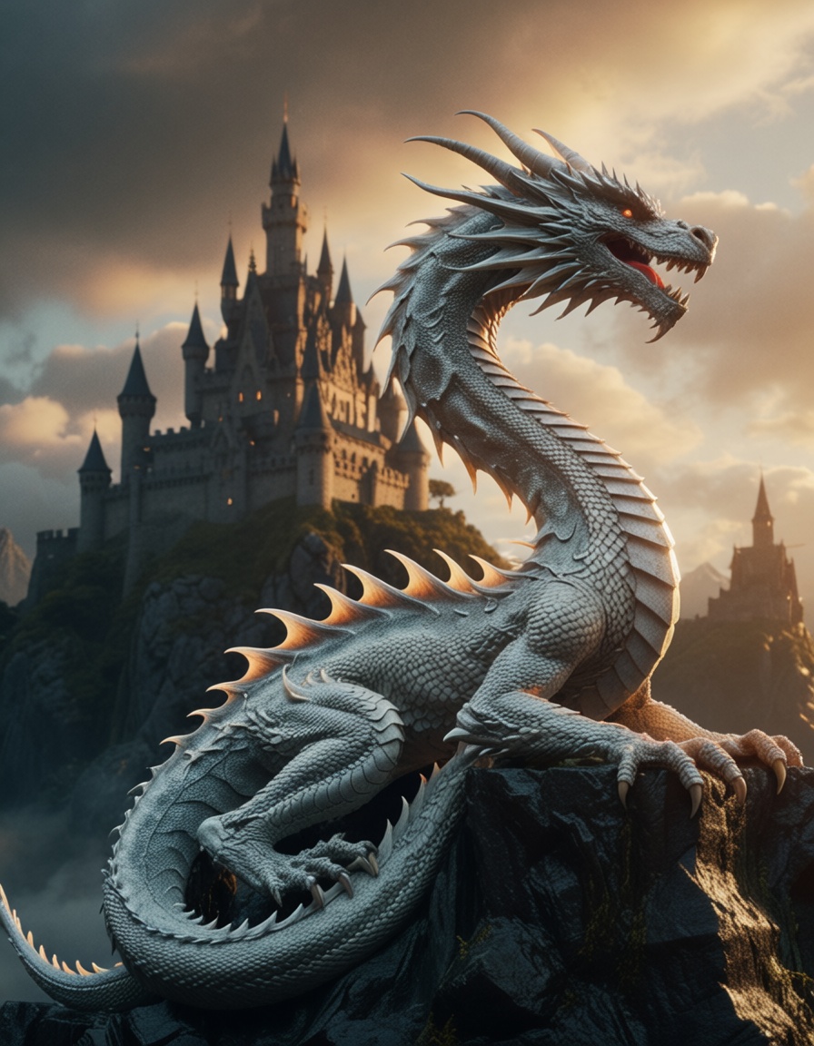 ehmidjourney2,  majestic white dragon coiled around floating mountain castle,  sunrise golden hour on Tensor.Art