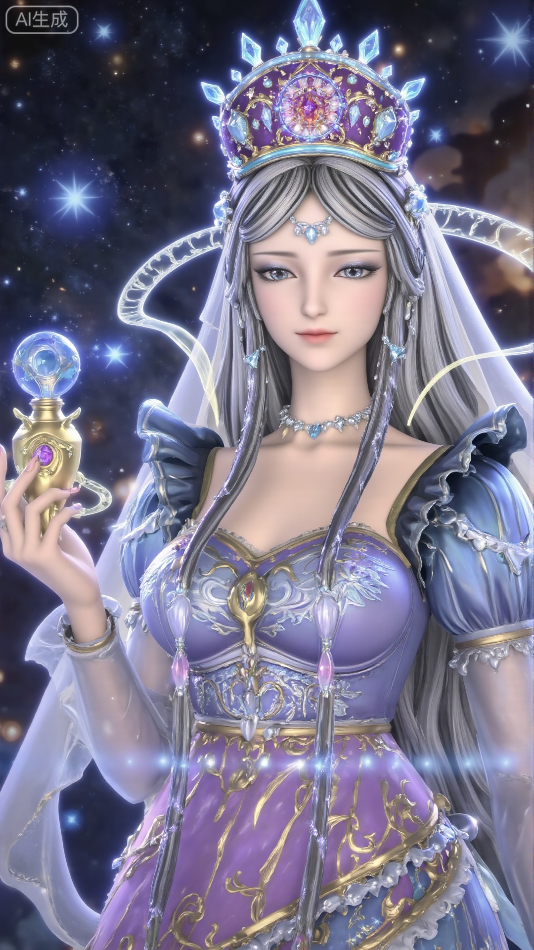 The image depicts a fantasy-themed work of art,  depicting a royal female character with long flowing hair and blue and pu...