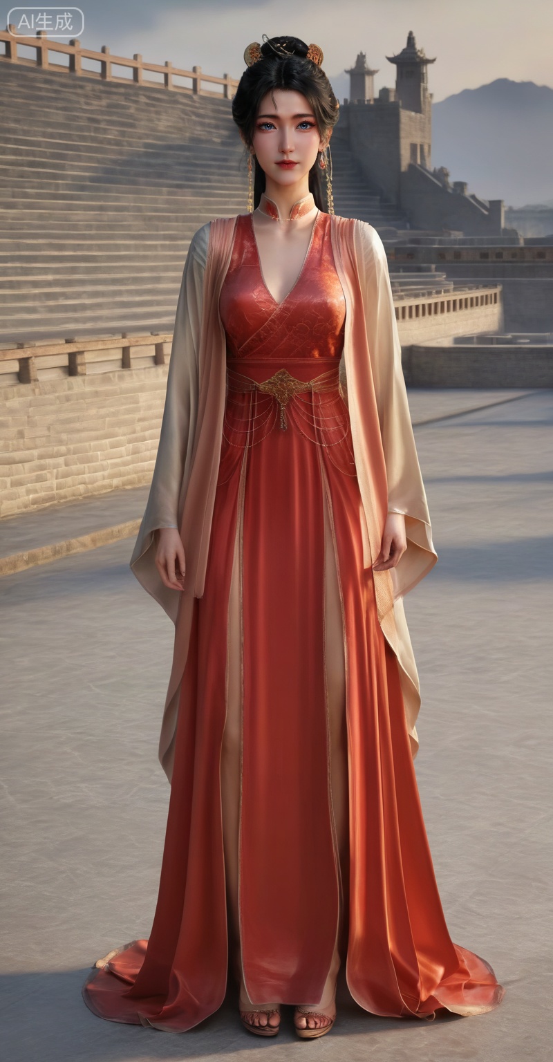 MPL,1girl, solo, looking at viewer, blue eyes, black hair, hair ornament, long sleeves, dress, jewelry, standing, full body, earrings, chinese clothes, red dress, realistic, 
master work,32K,UHD,perfect work,masterpiece,best quality,high quality,ultra-detailed,(guofeng aesthetic),cinematic lighting,delicate details,vibrant colors, sgrainy,detailed skin,photorealistic,realistic skin,texture,grainy,photorealistic, extremely high resolution, aesthetic, newest,HDR,3D,photorealistic,high contrast,