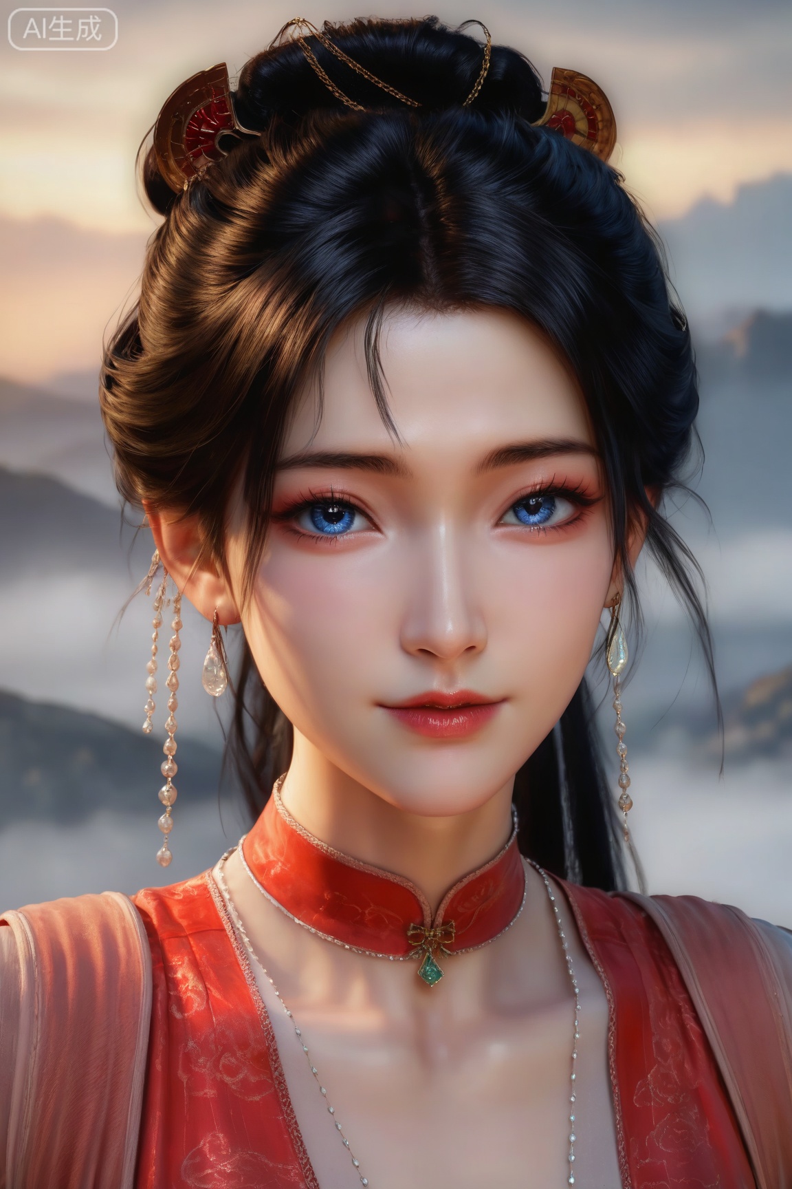 MPL,1girl,oval face, solo, looking at viewer, blue eyes, black hair, hair ornament, long sleeves, dress, jewelry, upper body, earrings, chinese clothes, red dress,  pale skin, 
master work,32K,UHD,perfect work,masterpiece,best quality,high quality,ultra-detailed,(guofeng aesthetic),cinematic lighting,delicate details,vibrant colors, sgrainy,detailed skin,extremely high resolution, aesthetic, newest,HDR,3D,photorealistic,high contrast,