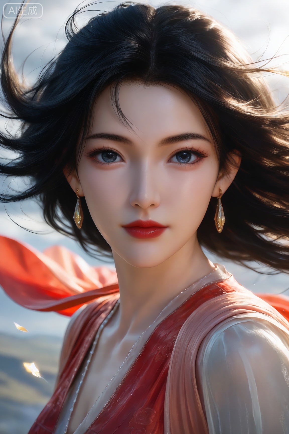 MPL,1girl, solo, looking at viewer, blue eyes, black hair, dress, jewelry, closed mouth, upper body, earrings, black eyes, lips, red dress, wind, red lips, pale skin,
master work,32K,UHD,perfect work,masterpiece,best quality,high quality,ultra-detailed,(guofeng aesthetic),cinematic lighting,delicate details,vibrant colors, sgrainy,detailed skin,“golden hour,” “volumetric light,”