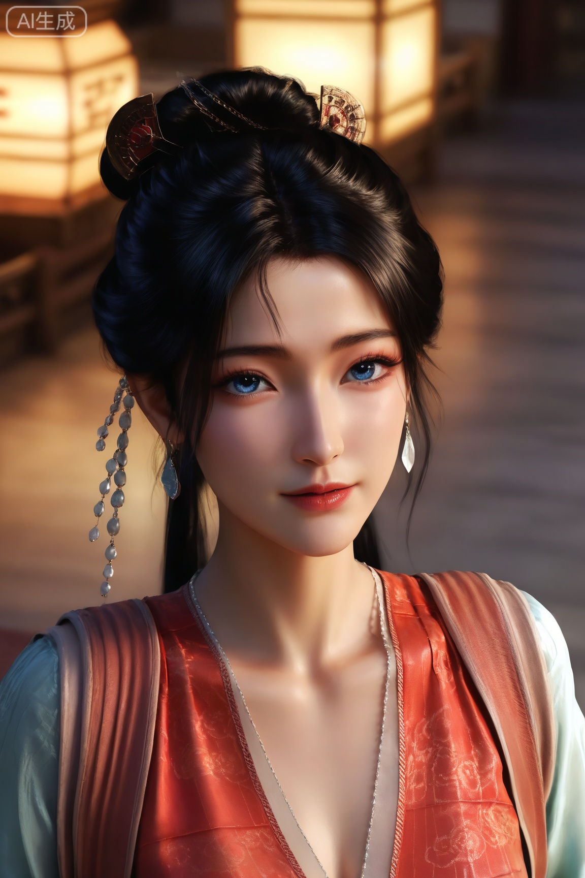 MPL,1girl, solo, looking at viewer, blue eyes, black hair, hair ornament, long sleeves, dress, jewelry, upper body, earrings, chinese clothes, red dress, realistic, 
master work,32K,UHD,perfect work,masterpiece,best quality,high quality,ultra-detailed,(guofeng aesthetic),cinematic lighting,delicate details,vibrant colors, sgrainy,detailed skin,photorealistic,realistic skin,texture,grainy,photorealistic, extremely high resolution, aesthetic, newest,HDR,3D,photorealistic,high contrast,