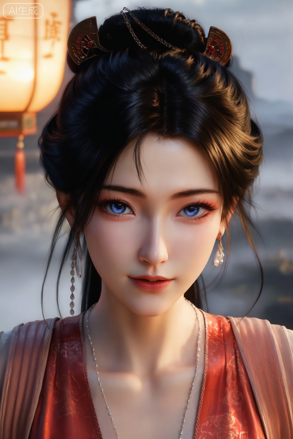 MPL,1girl, solo, looking at viewer, blue eyes, black hair, hair ornament, long sleeves, dress, jewelry, upper body, earrings, chinese clothes, red dress,  pale skin, 
master work,32K,UHD,perfect work,masterpiece,best quality,high quality,ultra-detailed,(guofeng aesthetic),cinematic lighting,delicate details,vibrant colors, sgrainy,detailed skin,extremely high resolution, aesthetic, newest,HDR,3D,photorealistic,high contrast,