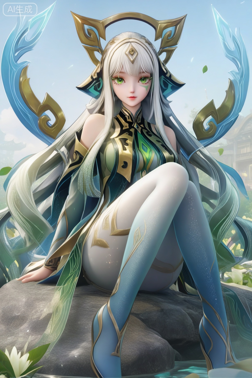 masterpiece, best quality, masterpiece,best quality,official art,extremely detailed CG unity 8k wallpaper,1girl,solo,long hair,hair ornament,headpiece,facial mark,looking at viewer,bangs,dress,white hair,very long hair,green eyes,pantyhose,multicolored hair,grey hair,gradient,gradient hair,eyelashes,realistic,flower,petals,medium breasts,full body,knee up,bare shoulders,gradient pantyhose,white to blue pantyhose,sitting on rock,wrist bow