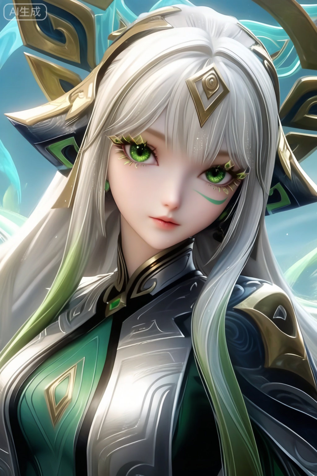 masterpiece, best quality, masterpiece,best quality,official art,extremely detailed CG unity 8k wallpaper,1girl,solo,long hair,hair ornament,headpiece,facial mark,looking at viewer,bangs,white hair,very long hair,green eyes,multicolored hair,grey hair,gradient hair,eyelashes,medium breasts,(solo focus:1.3),portrait