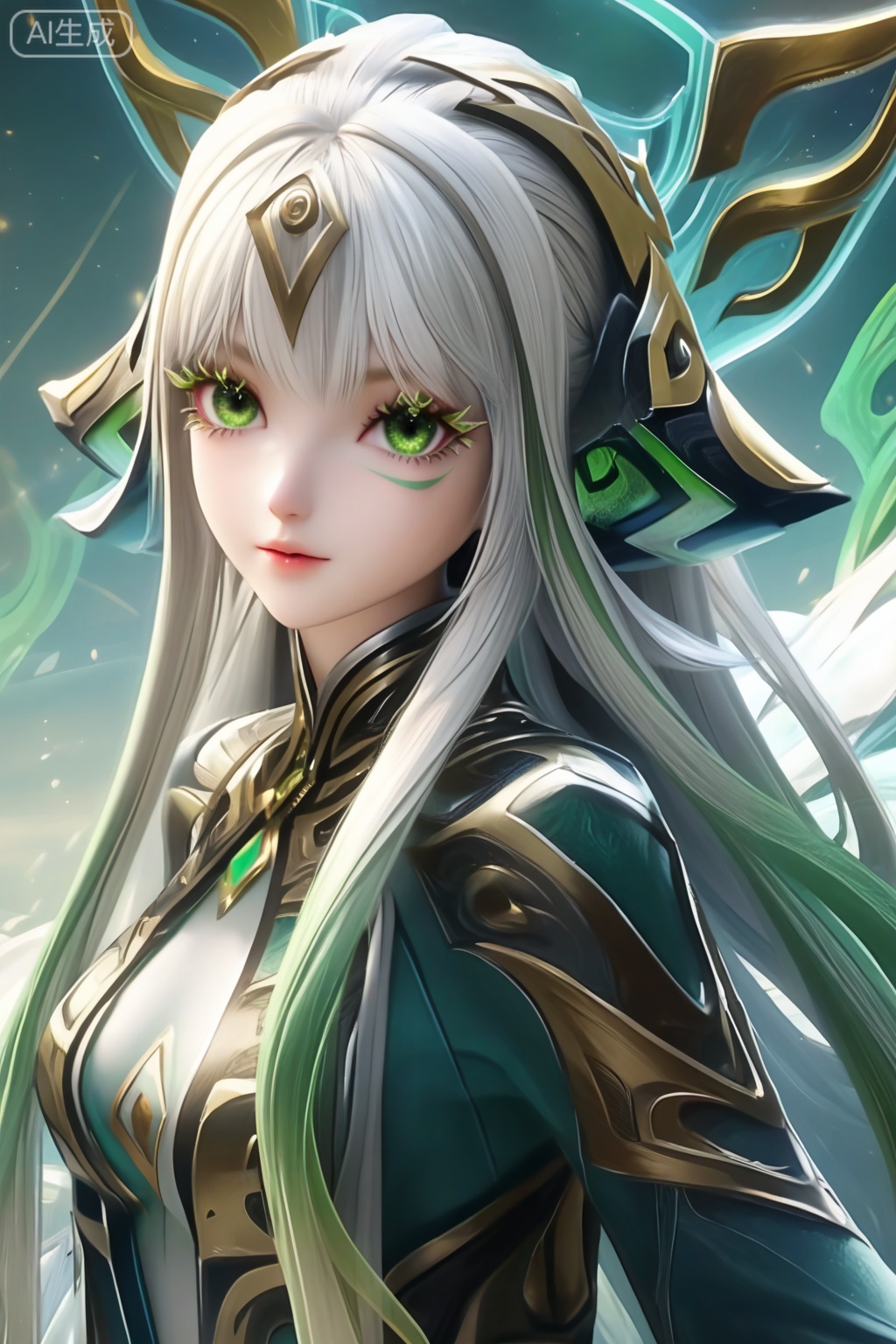 masterpiece, best quality, masterpiece,best quality,official art,extremely detailed CG unity 8k wallpaper,1girl,solo,long hair,hair ornament,headpiece,facial mark,looking at viewer,bangs,white hair,very long hair,green eyes,multicolored hair,grey hair,gradient hair,eyelashes,medium breasts,upper body