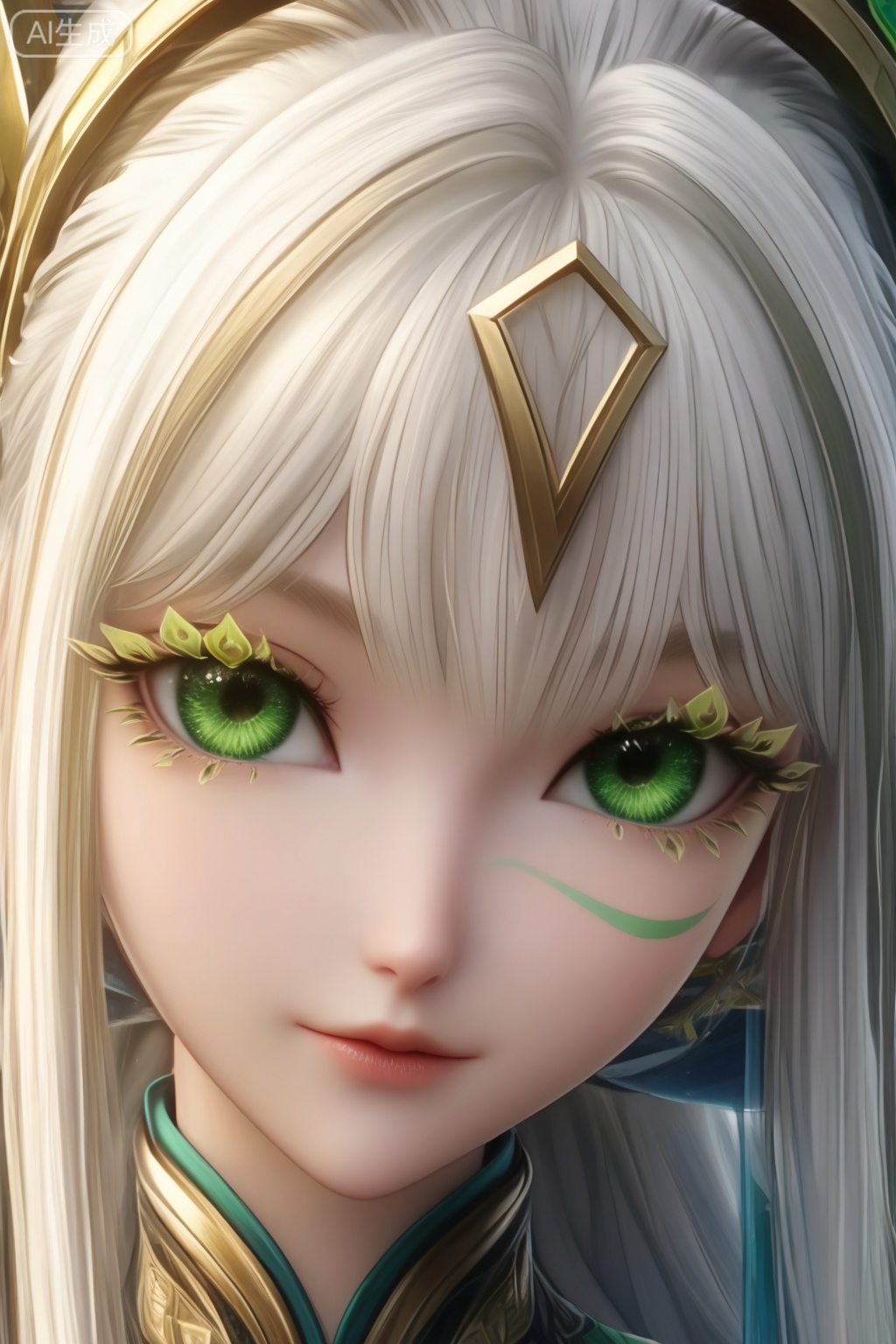 masterpiece, best quality, masterpiece,best quality,official art,extremely detailed CG unity 8k wallpaper,1girl,solo,looking at viewer,bangs,white hair,green eyes,eyelashes,(solo focus:1.3),(portrait:1.3)